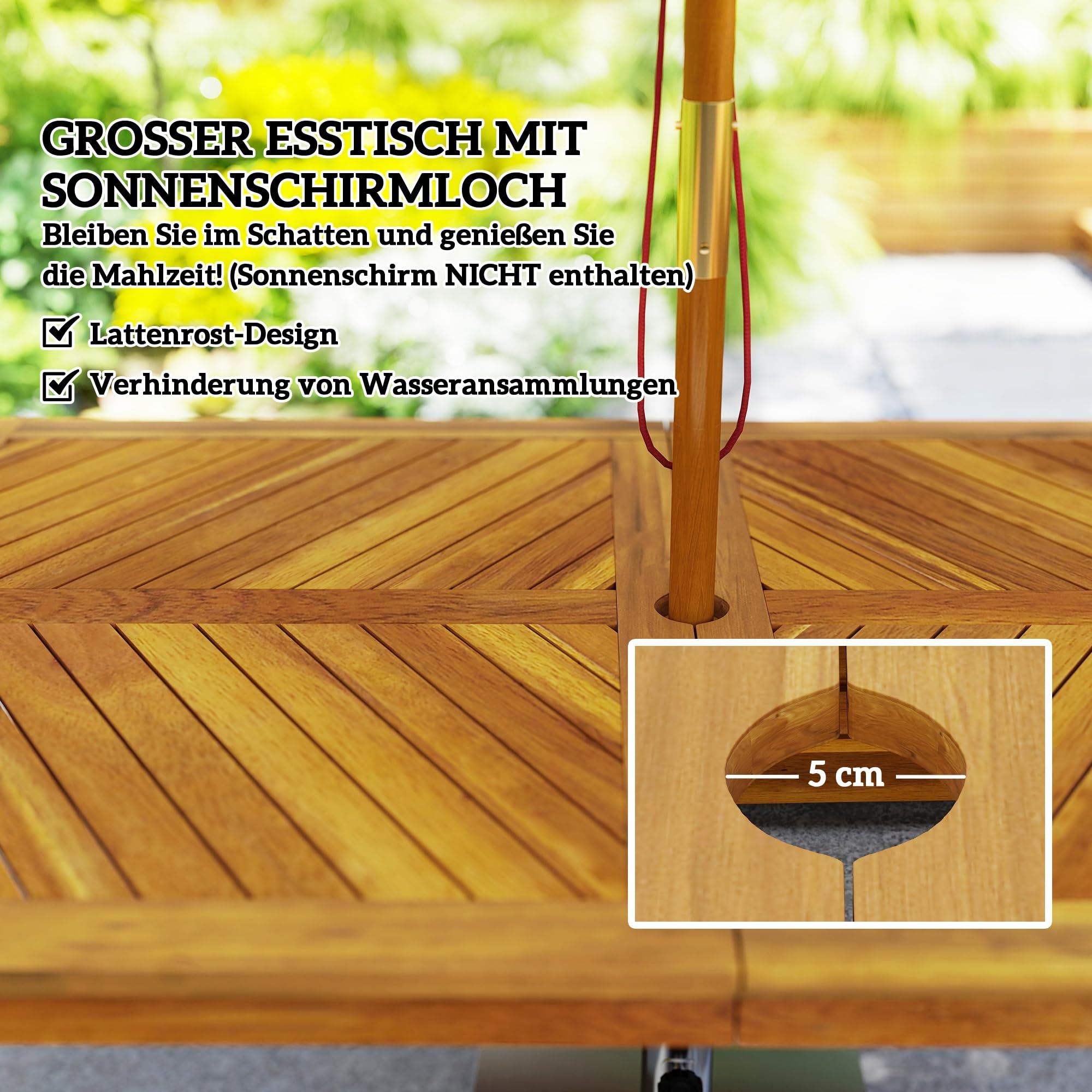 Outsunny 3 TLG. Gartenmöbel-Set Akazienholz Sitzgarnitur inkl. 1 Esstisch mit Schirmloch, 2 Bänke, Balkonmöbel-Set, Gartengarnitur für Balkon, Terrasse, Teak