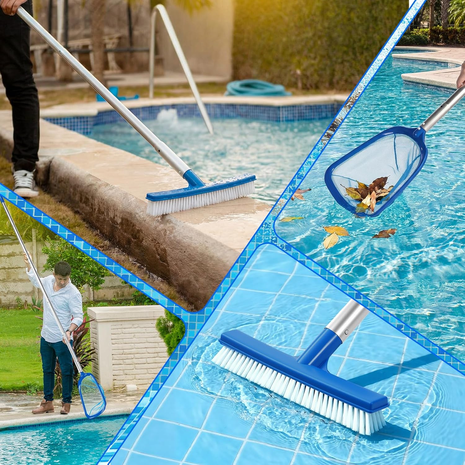 Potchen 3 Pcs Pool Cleaning Kit with Hand Skimmer Net, 47.24" Aluminum Pole and 10" Pool Brush Maintenance Accessory Tool for Above Ground Inground Ponds Home Tubs Spa