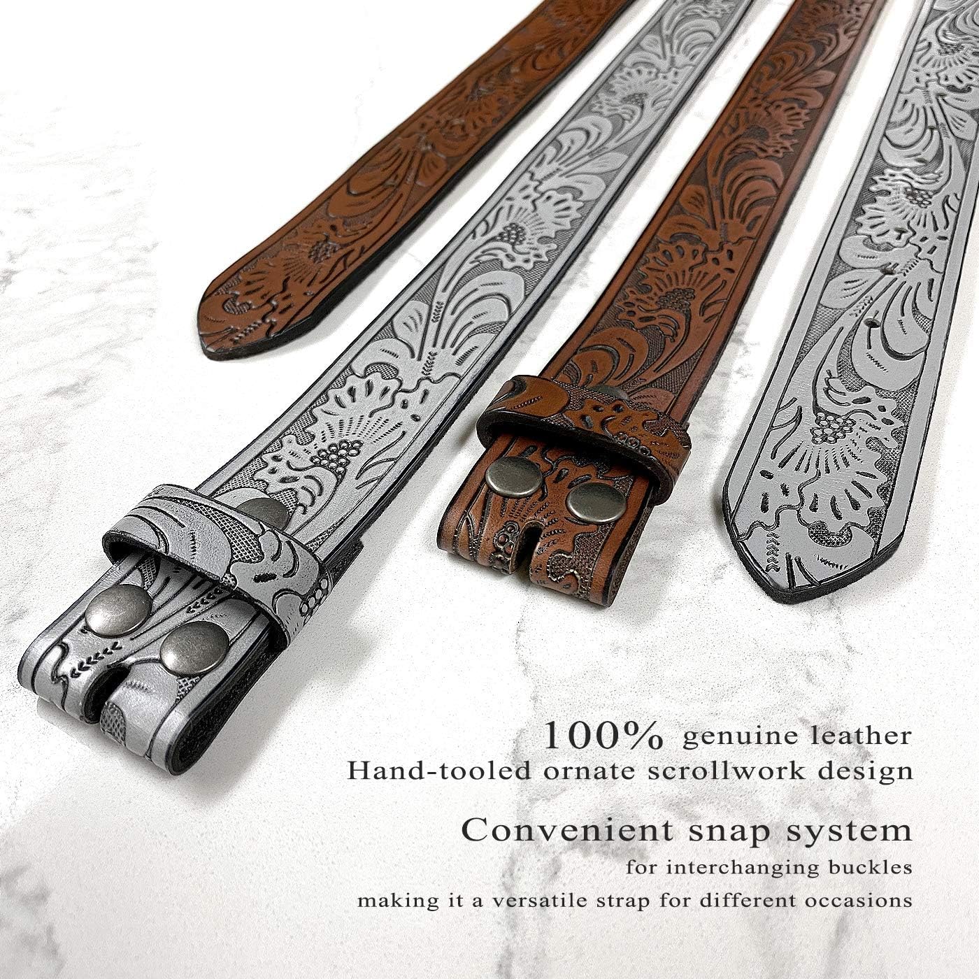 Western Floral Engraved Embossed Tooled Genuine Leather Belt Strap or Belt 1-1/2"(38mm) Wide, Multi-Style Options - Image 2