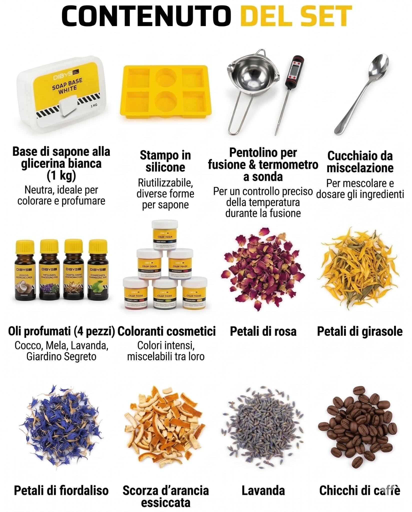 DIBYS Kit Sapone Fai da Te Creativo | Base di Glicerina Bianca senza SLS | Set Completo per Realizzare Saponette con Oli Profumati, Coloranti ed Erbe | Idea Regalo