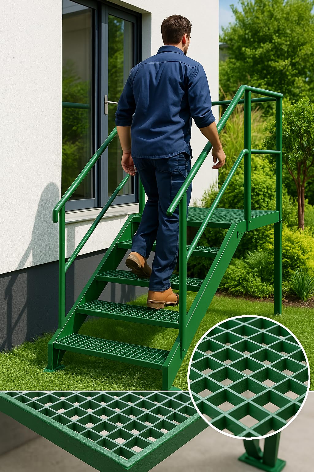 F&R metalowy stopień 800 x 240 mm, czarny RAL 9005, stopnie kratowe, schody, metal 30/2, 34 x 38, wytrzymałe i odporne na warunki atmosferyczne, metalowe schody do użytku na zewnątrz i na zewnątrz