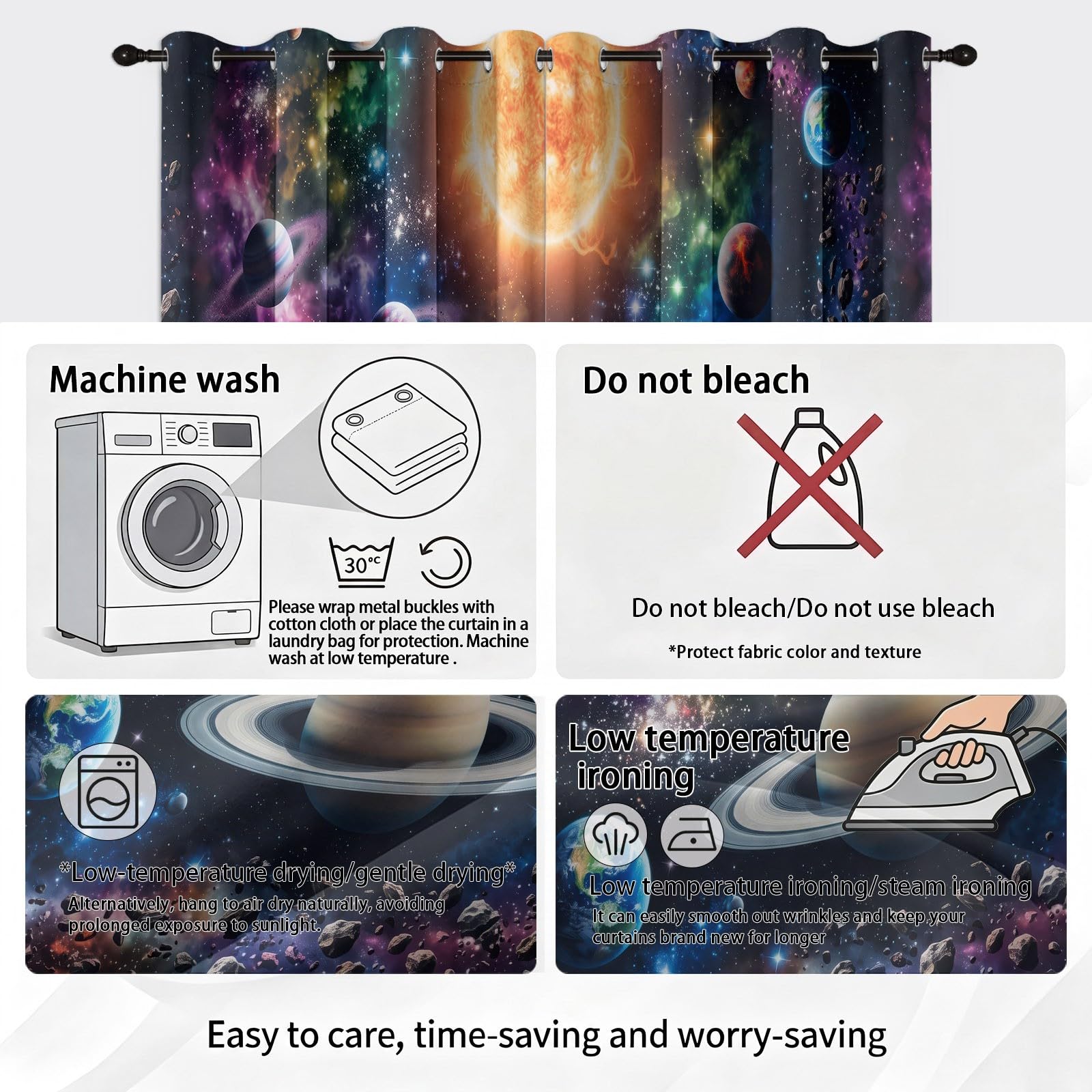 Rideaux Occultant Espace Fantaisie, Rideaux Occultant Planètes Du Système Solaire & Nébuleuse Rideau Thermiques Isolant Anti Froid et Chaleur Rideau à Oeillets pour Salle De Jeu, 2 PCS, 140L X 260H cm