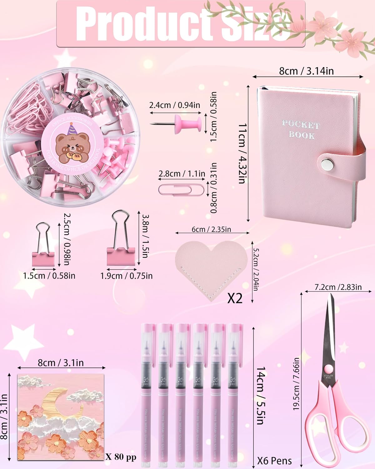 Pink Desk Accessories, 20Pc Office Supplies and 360°Pen Holder Desk Organizers, With Tape Dispenser, Stapler, Staple Remover, Ect, Let the Color Pink Fill Your Desktop - Image 6