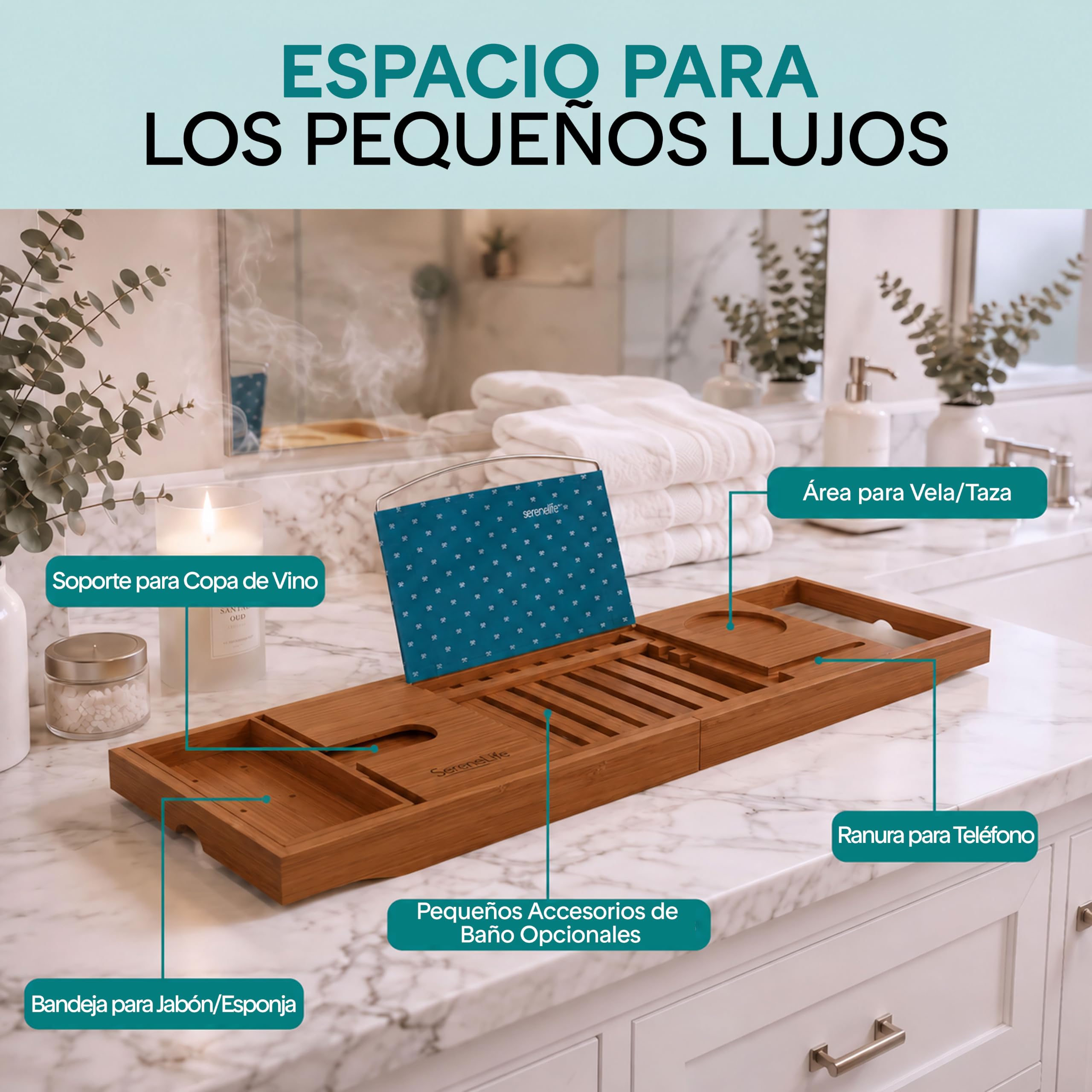 SereneLife Bandeja bañera, Bambu, Extensible, Ajustable, Soporte para Copa de Vino, Libro, Movil, Tablet