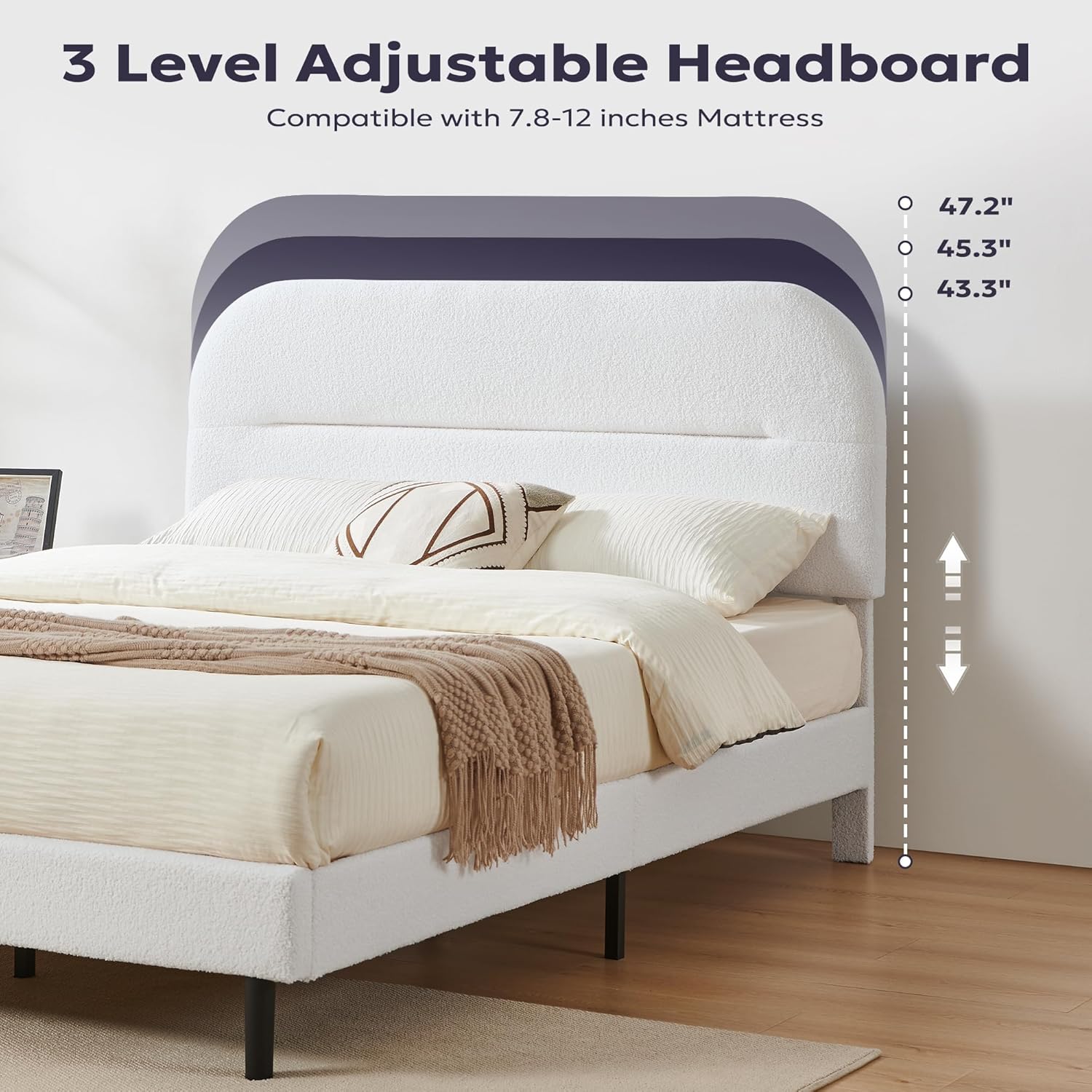 Furnify King Size Bed Frame, Teddy Soft Boucle Fabric Upholstered Bedframe with Adjustable Headboard, Platform Bed Frame with Rounded Corners, Wooden Slat, No Box Spring Required, Easy Assembly, White