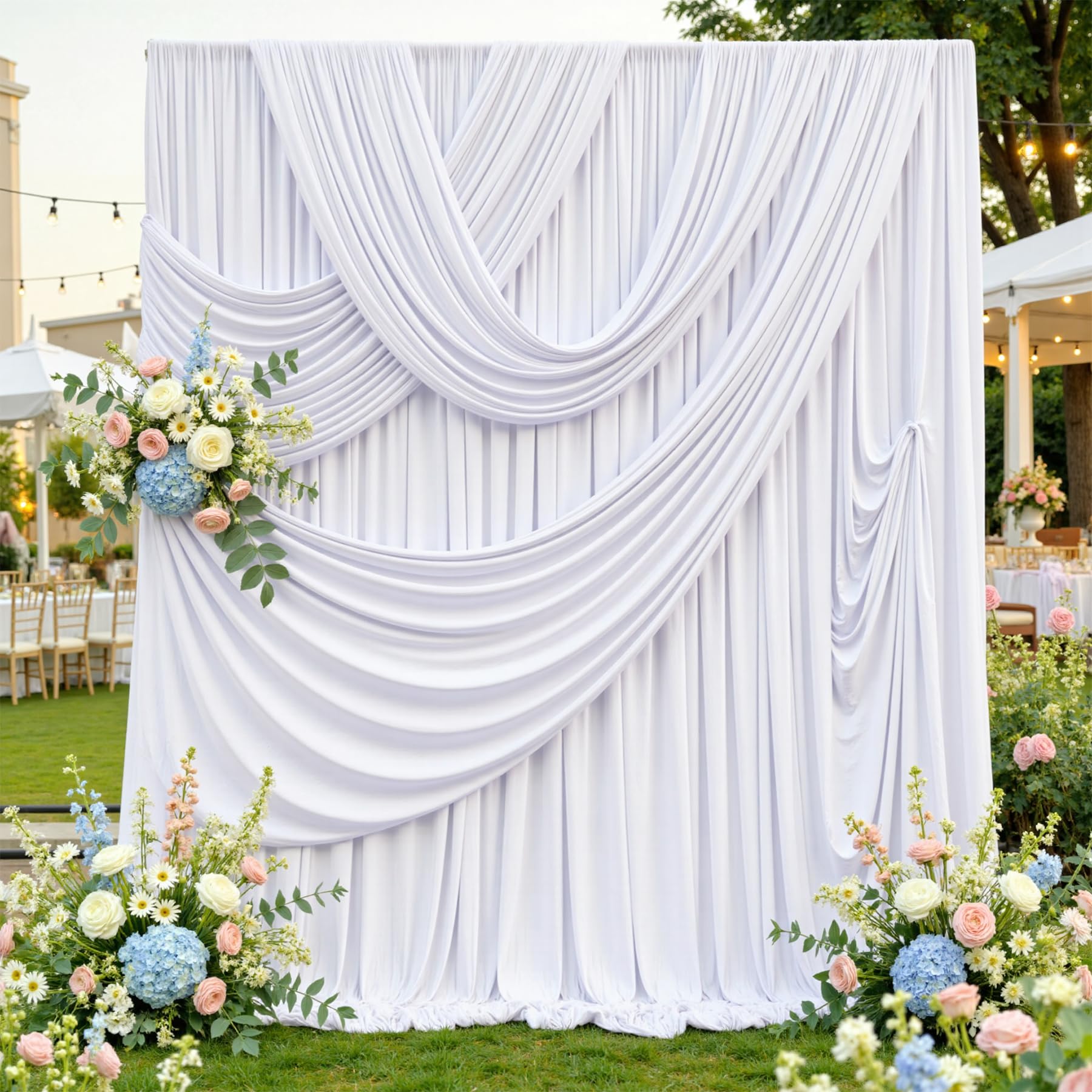 Photo 1 of 10ftx12ft Wrinkle Free White Backdrop Curtain, 2 Panels 12FT Height White Drapes for Wedding, Silky Polyester Photo Back Drop Cloth Draping for Birthday Party Photography Background