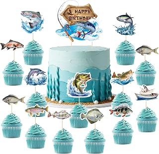 Wonderjune Gone Fishing Cake Toppers - 25 Pack Fishing Cupcake Decorations for Birthday Baby Shower Tropical Parties