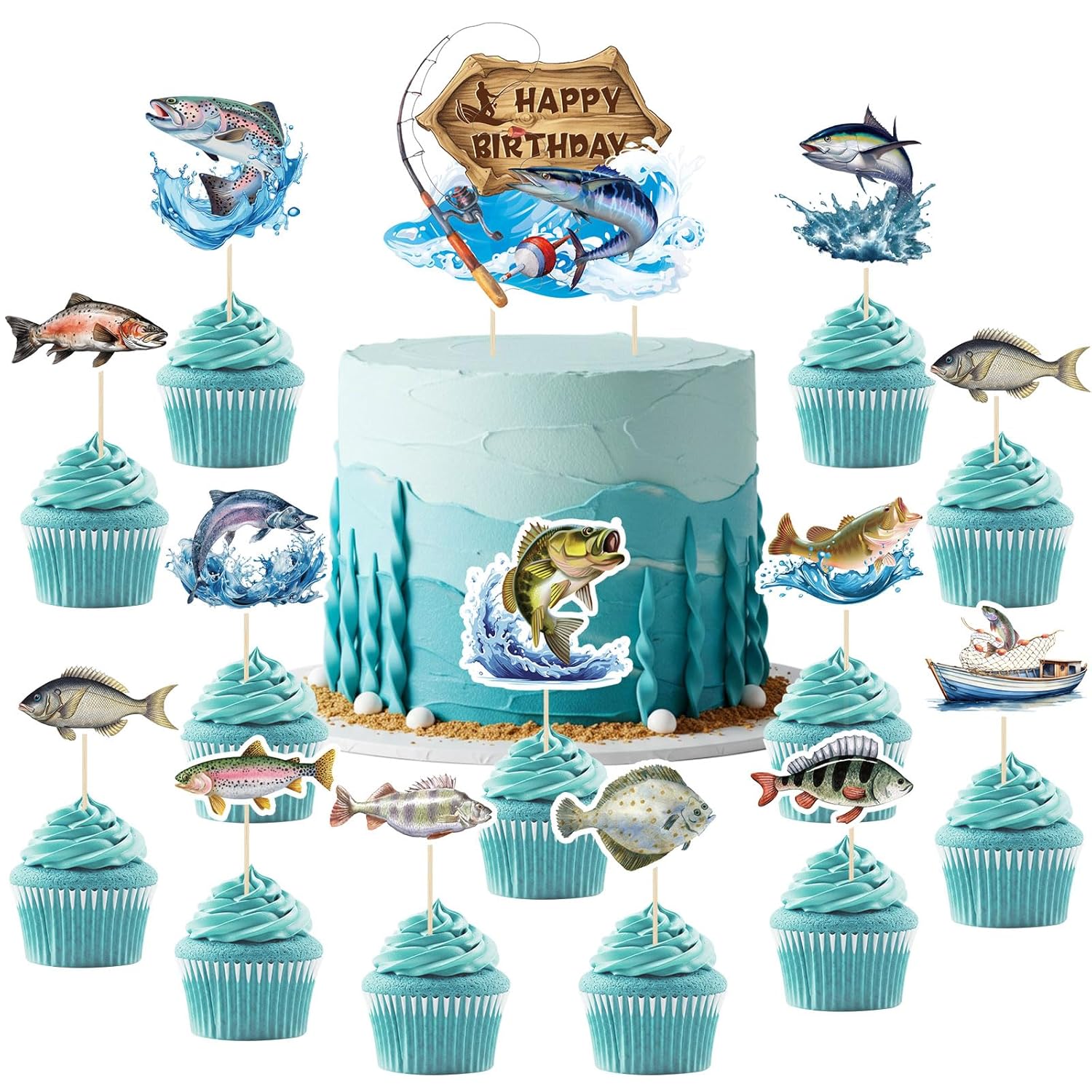 Wonderjune Gone Fishing Cake Toppers - 25 Pack Fishing Cupcake Decorations for Birthday Baby Shower Tropical Parties