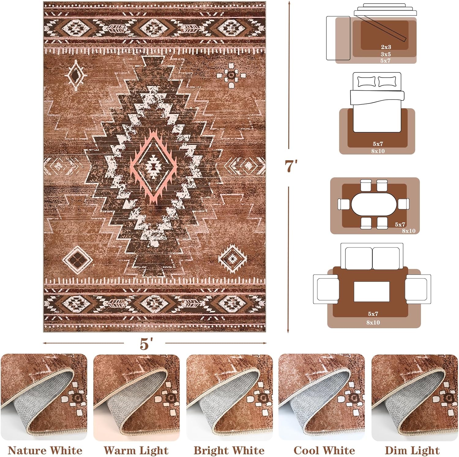 Yinhua Western Living Room Rug 5x7, Moroccan Low-Pile Washable Rug for Bedroom, Aztec Brown Rugs Non Slip with Rubber Backing, Soft Non-Shedding Carpet for Nursery Classroom Office
