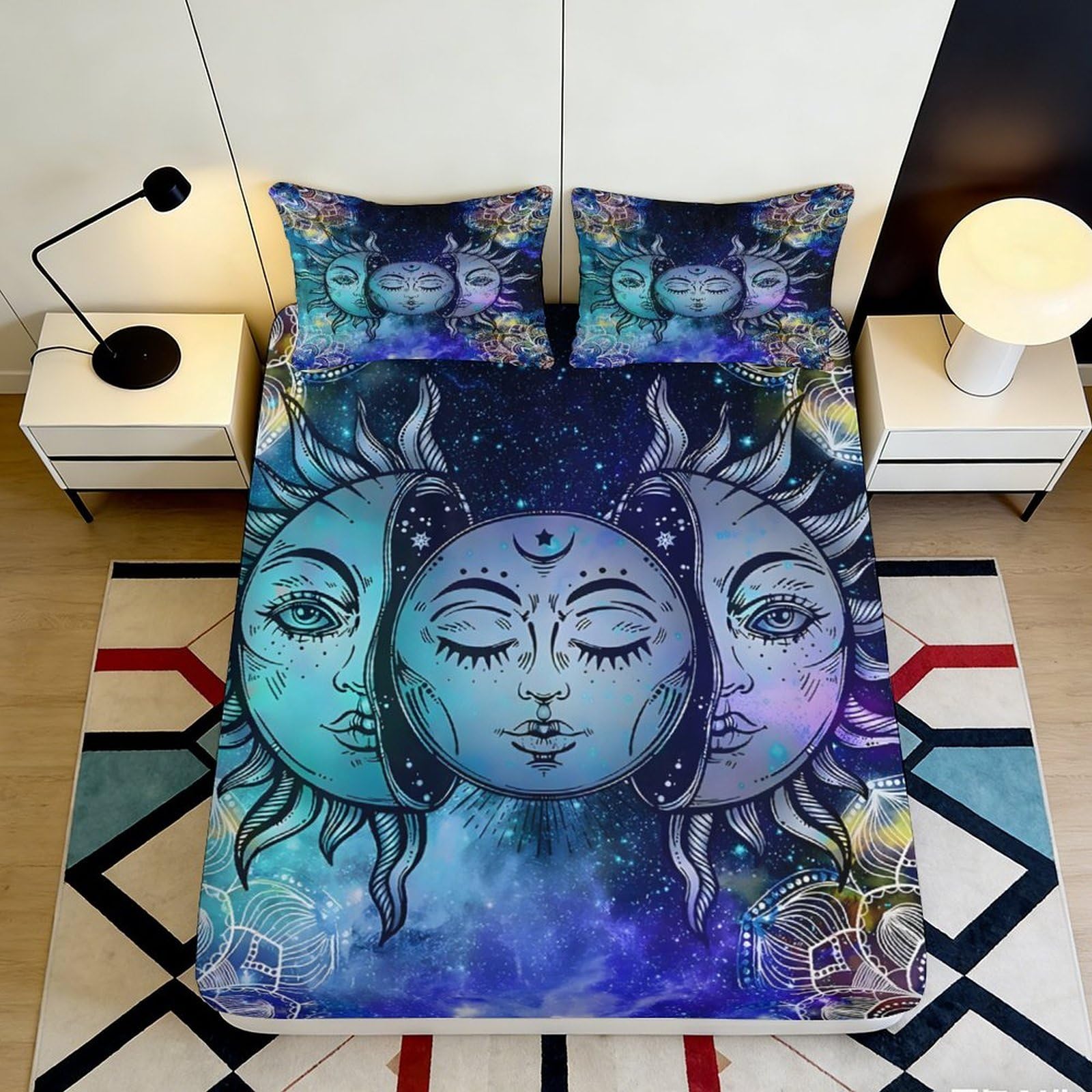 3D Printed Celestial Moon Sun Fitted Sheet Microfiber Soft Breathable Cosmic Galaxy Mattress Cover for Bedroom Dormitory Guest Room Protection Decor 140x200x25cm