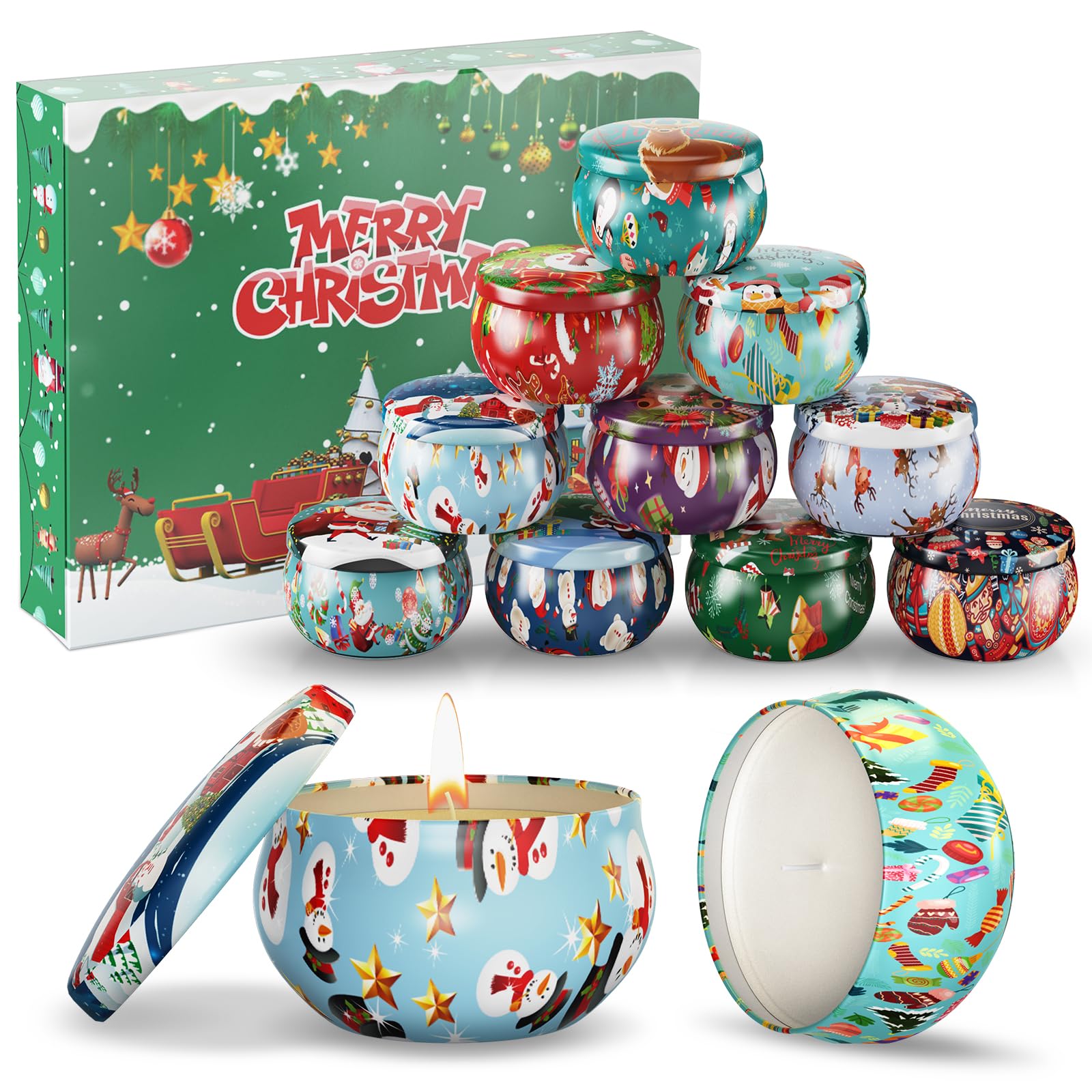 Primevolve Lot de 12 bougies de Noël parfumées pour femme, aromathérapie à la maison, parfum fort, longue durée, boîte de voyage portable pour spa, bain, yoga