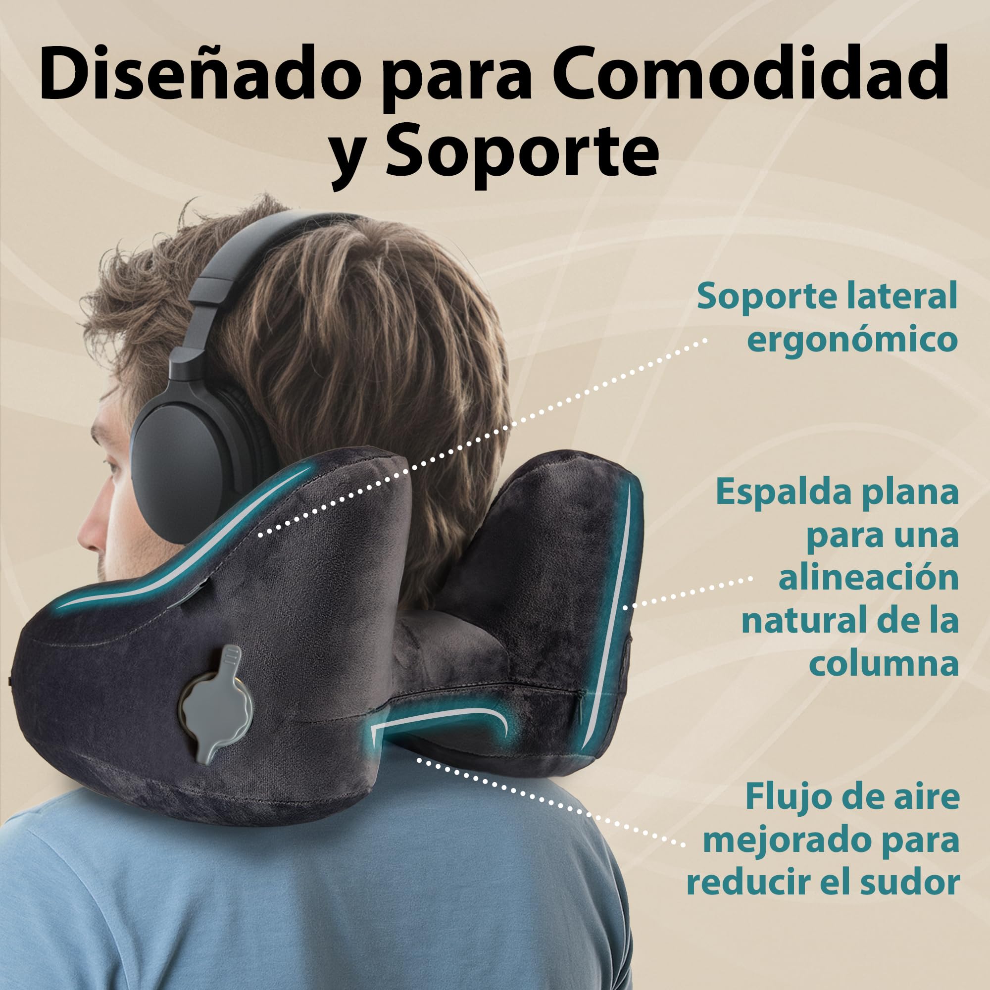 FLOWZOOM Almohada de Viaje Hinchable para Mujeres - Cojín de Cuello con Capucha de Felpa para Máxima Privacidad y Confort Avión, Tren y Coche - Talla M - Negro