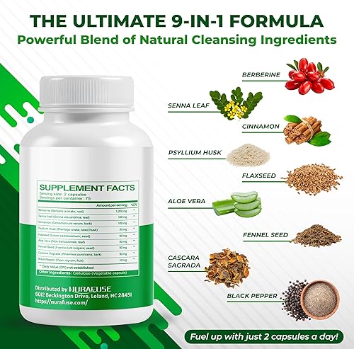 Miniatura 3 de Limpieza intestinal de 30 días con berberina y senna, canela, psyllium, linaza, aloe vera, favorece la salud intestinal, metabolismo saludable, 150