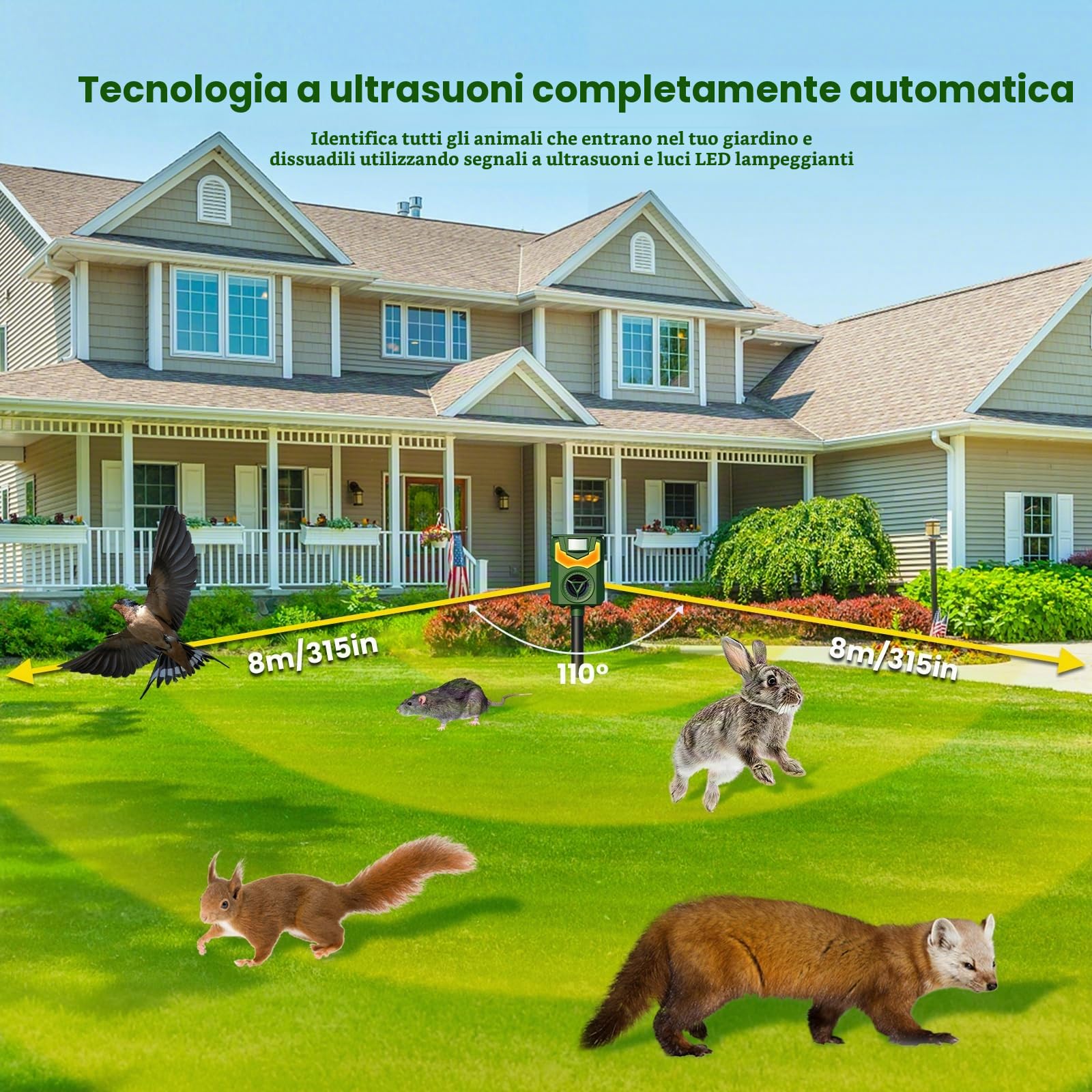 Repellente per Gatti,Dissuasori per Piccioni,Ultrasuoni Dissuasore per gatti Solare con Lampada Fiamma,Ultrasound Repellente per Animali, IP44 Impermeabile per Cani, Uccelli, Topi, Volpi