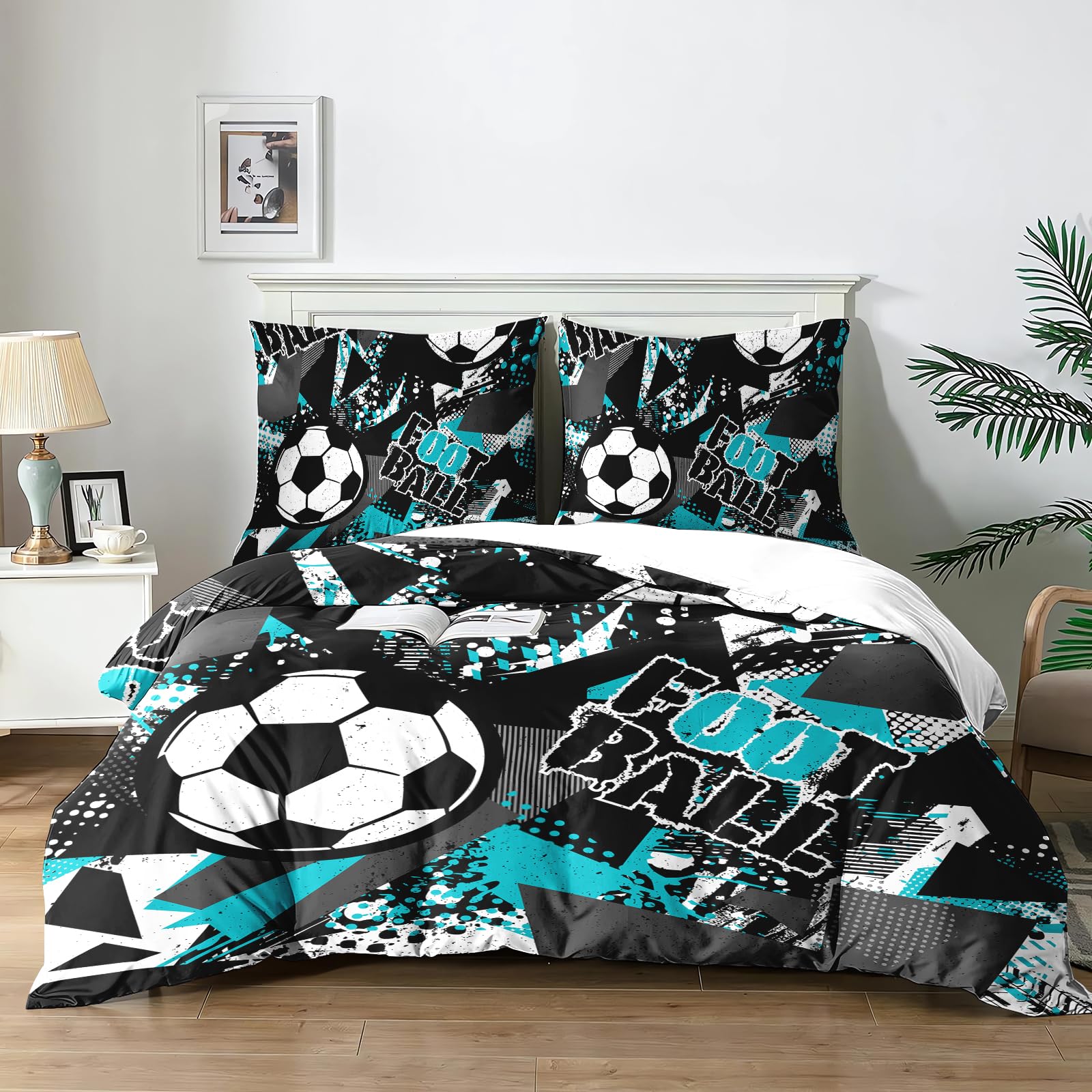 Housse de couette football 200x200 cm avec 2 taies d'oreiller pour lit enfant