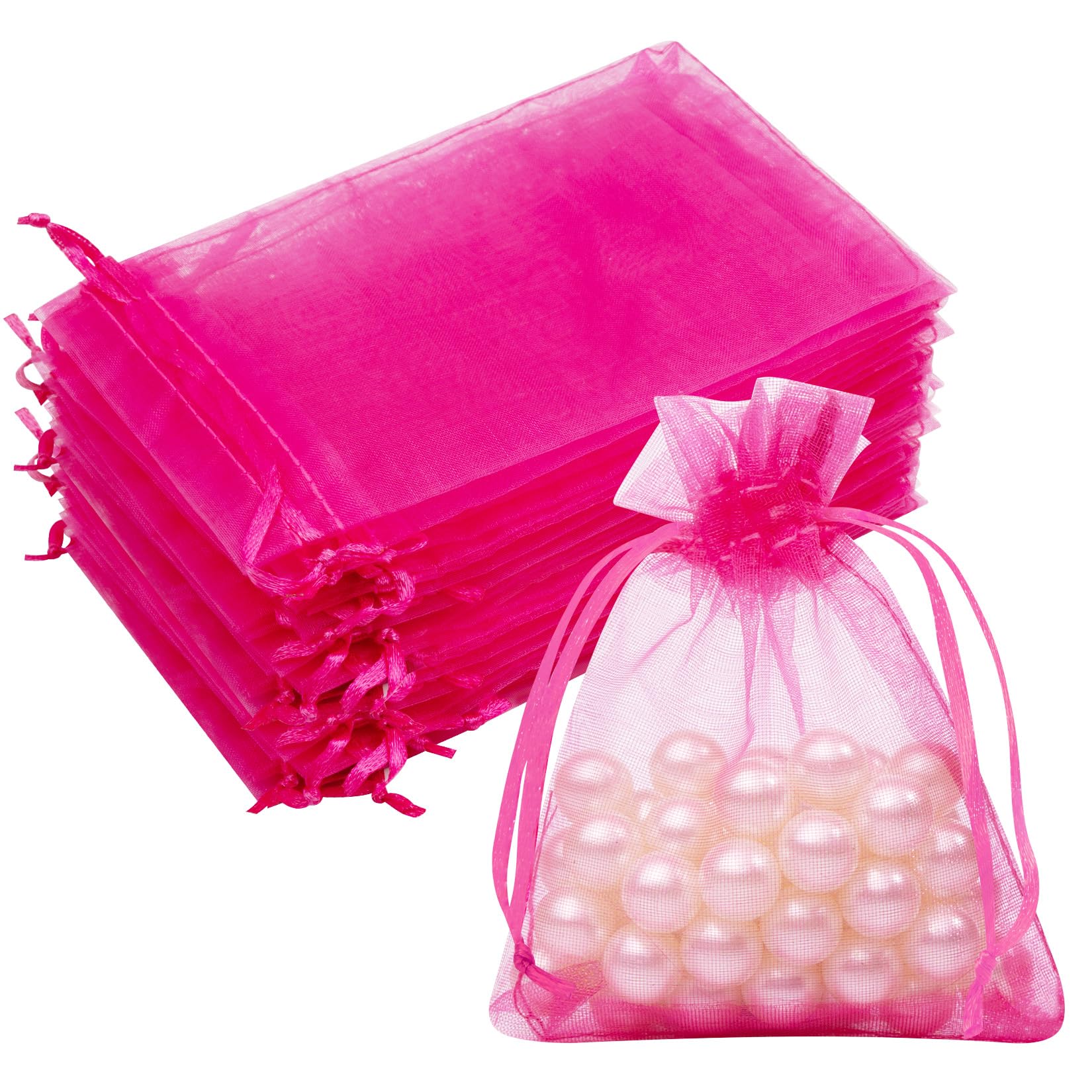 50PCS Hot Pink Organza Bags 3x4, Small Gift Bags Drawstring Mini Mesh Pouches for Jewelry Candy Sachet, Cute Goodie Baggies for Birthday Wedding Baby Shower Halloween Christmas Party Favors