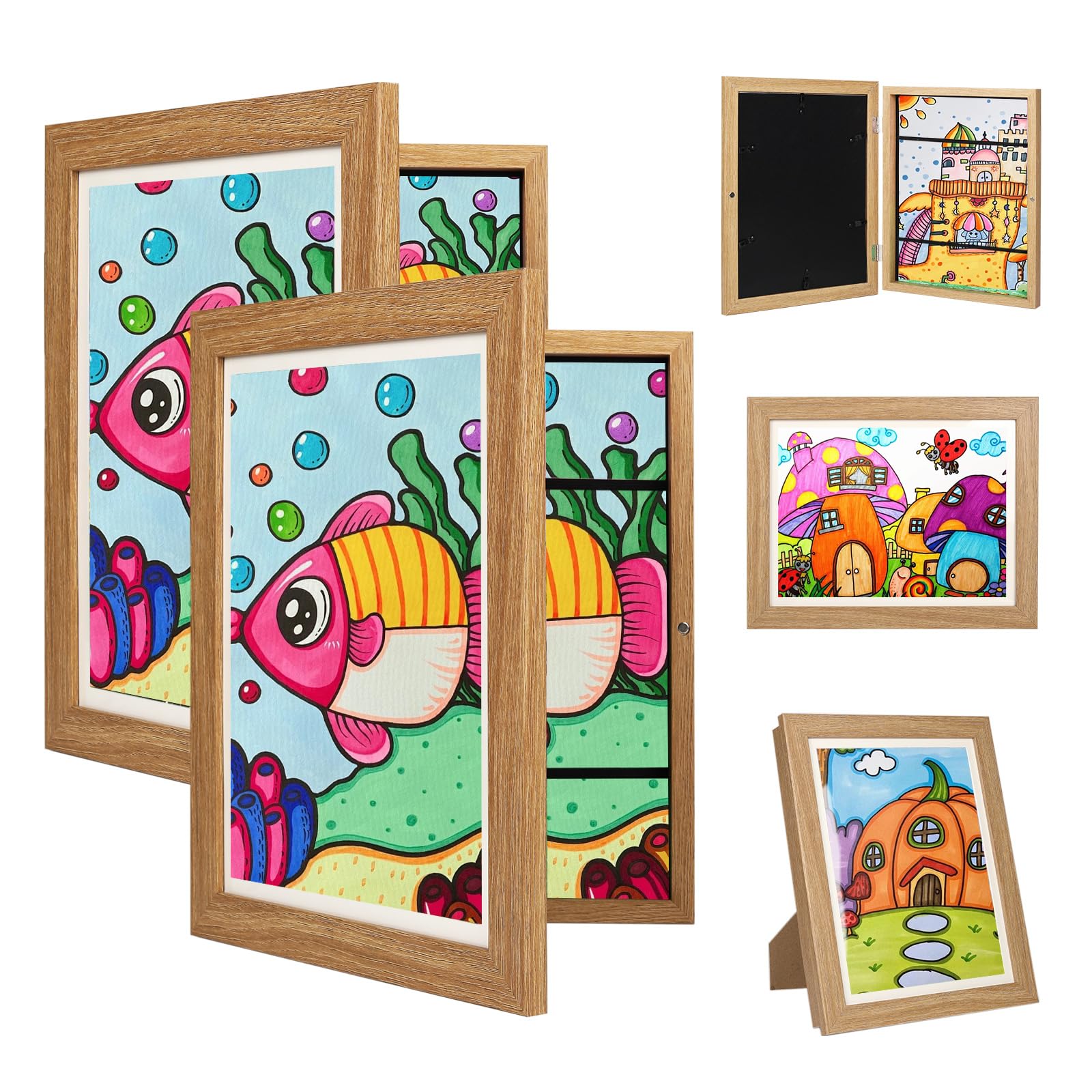 Orankay 3Pack Kids Art Frame - Kids Artwork Frames Changeable,Kids Art Frames Front Opening Holds 150,10x12.5 Children Artwork Frames for Kids Art,Kid Art Picture Frame With Storage for Display photo (Wood)