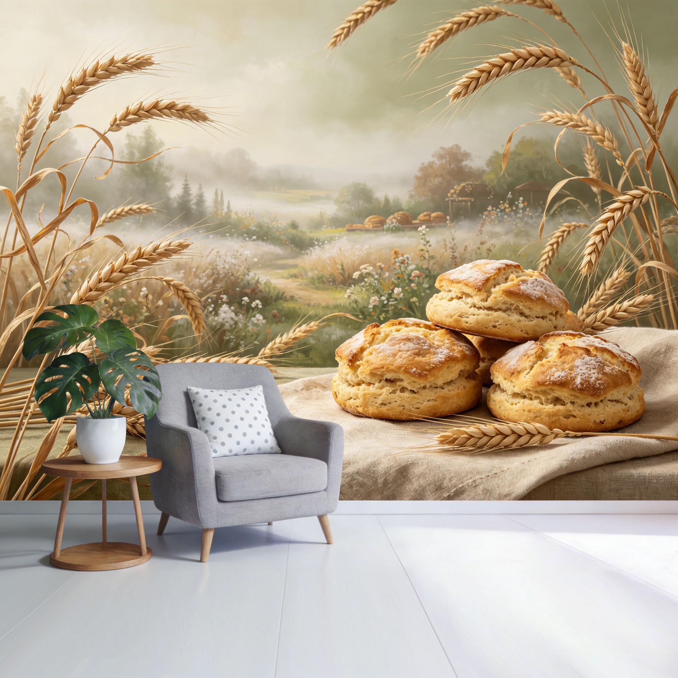 Custom Size Wall Mural Rustic Wheat Field Landscape with Fresh Bread Watercolor Farmhouse Style SelfAdhesive Wall Fabric Removable Wallpaper for Home Office Decor