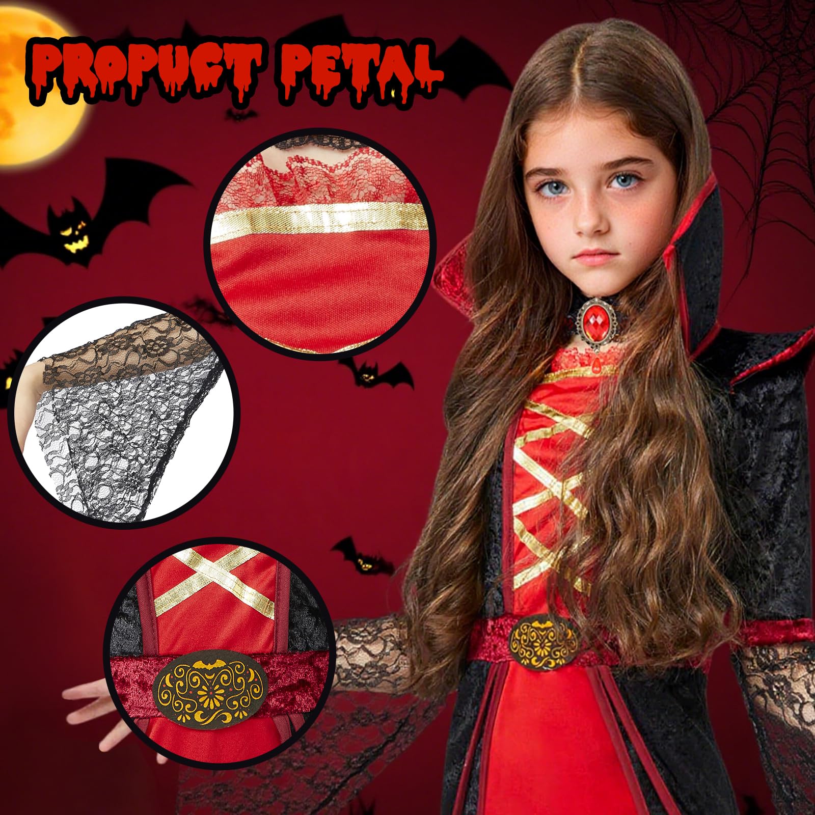 Clundoo Girls Gothic Vampire Costume Halloween Set for Girls Vampiress Queen Dress Up Party, Vampire Costume for Kids (M) - Image 2