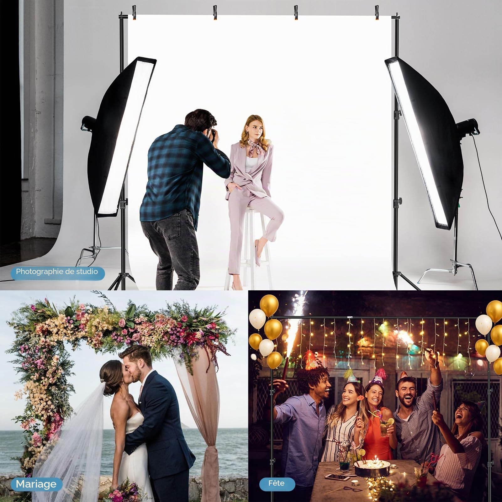EMART Support de Fond Réglable 3 x 3 m, Système de Support de Toile de Fond avec 4 Pinces et Sac de Transport pour Studio Photo, Photographie Portrait, Vidéo, Mariage