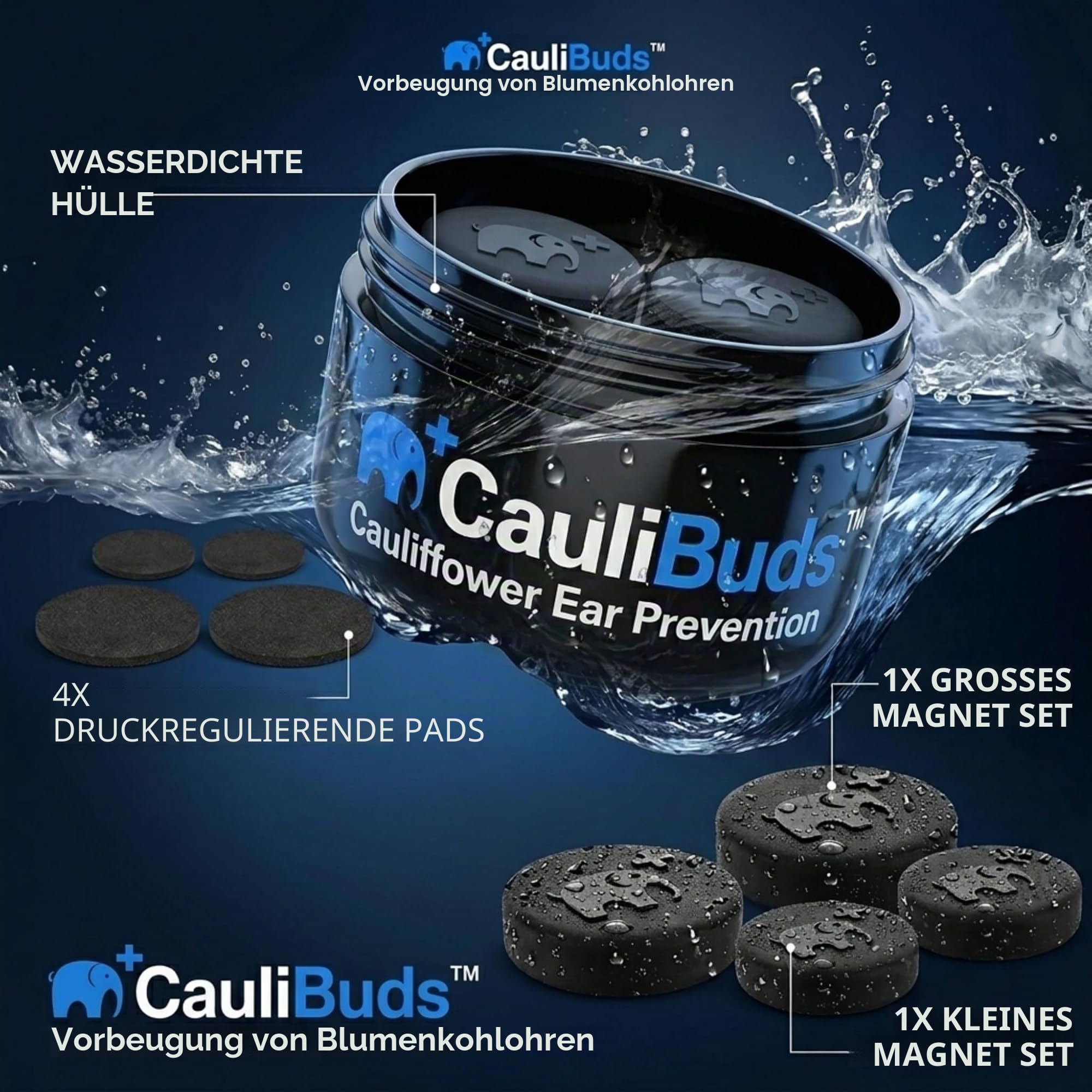Blumenkohl-Ohrmagnete – Premium-Silikon-Magnet-Kompressionsset für Blumenkohl-Ohrprävention und Behandlung bei BJJ, Wrestling, MMA und Rugby – minimiert die Entwässerung der Ohren (schwarz)