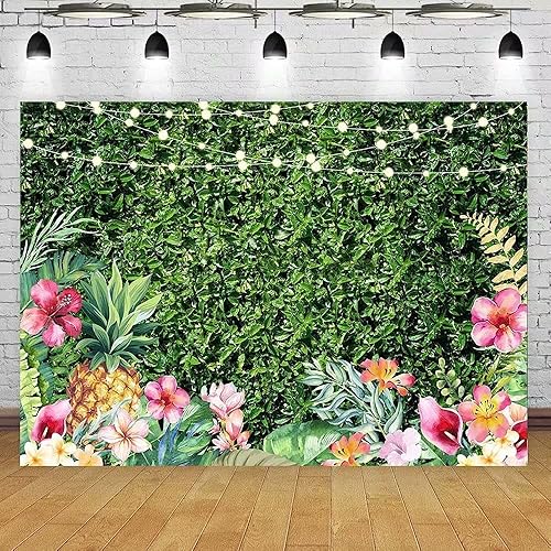 Miniatura 4 de Aloha - Telón de fondo Luau Tropical Hawaiano Baby Shower Fiesta de Cumpleaños Banner Decoración Luces Brillantina Hierba Verde Piña Fotografía