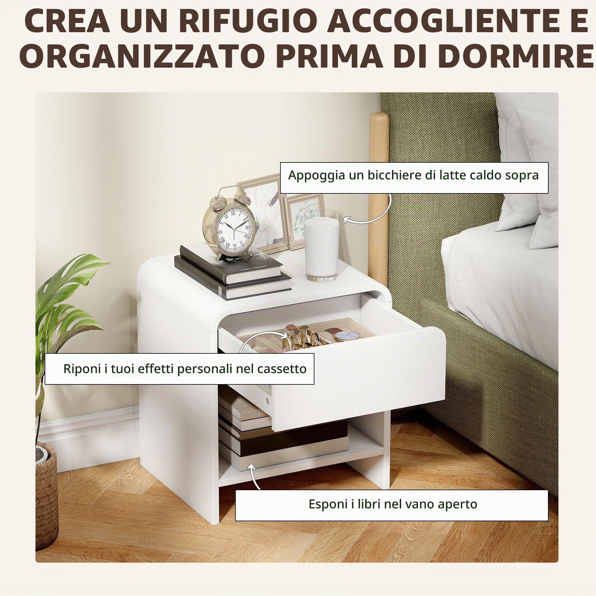 HOMCOM Comodino 2 pz., angoli arrot., cassetto, cam. letto, Bianco Usato