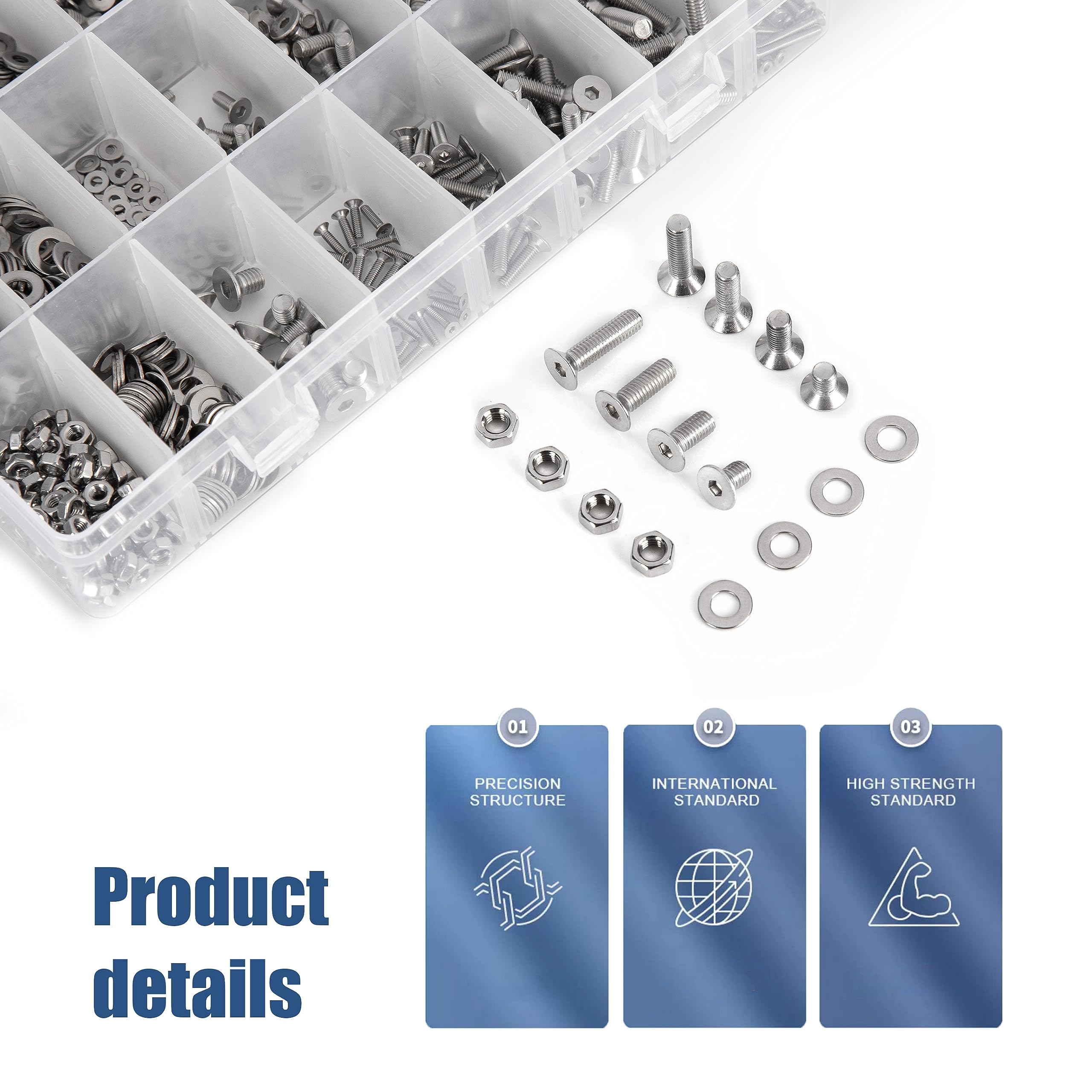 KOXXIAMOQ 1065 Pcs M2 M3 M4 M5 Countersunk Hex Socket Cap Head Machine Screws Bolts and Nuts and Washers Set - Image 3