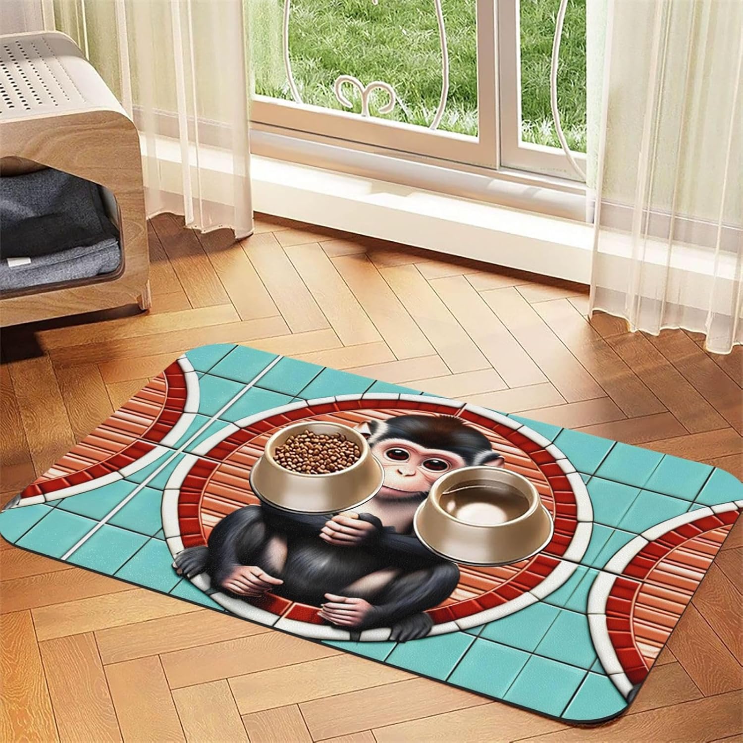 30x45cm The Silent Monkey Print Pet Absorbent Feeding Mat - Quick Dry Food Pad/Leather Placemat, for Dog Cat Food Bowl Water