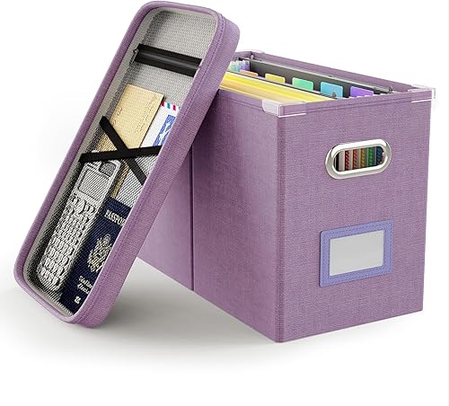 Vista 22 de Oterri Caja organizadora de archivos con tapa, caja de archivos colgante con bolsillo de malla, caja organizadora de documentos para archivos