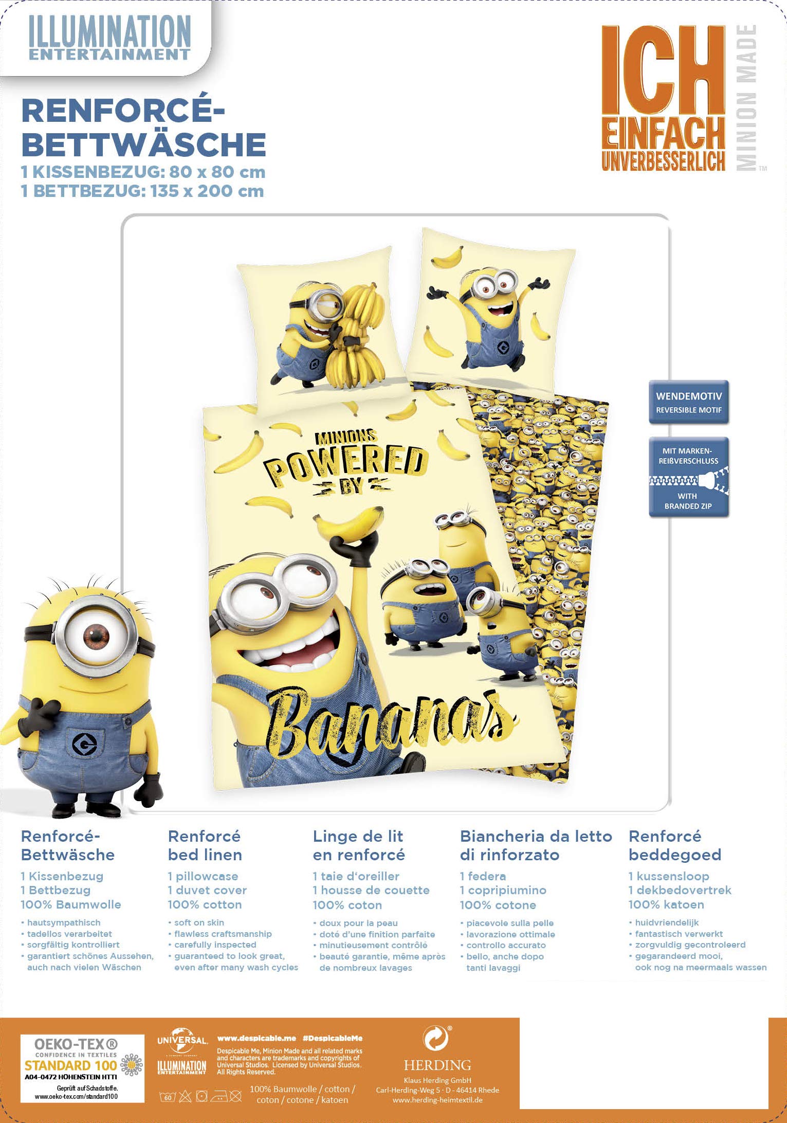 Herding Bettwäsche Minions, Kopfkissenbezug 80x80cm, Bettbezug 135x200cm, mit RV, Renforce