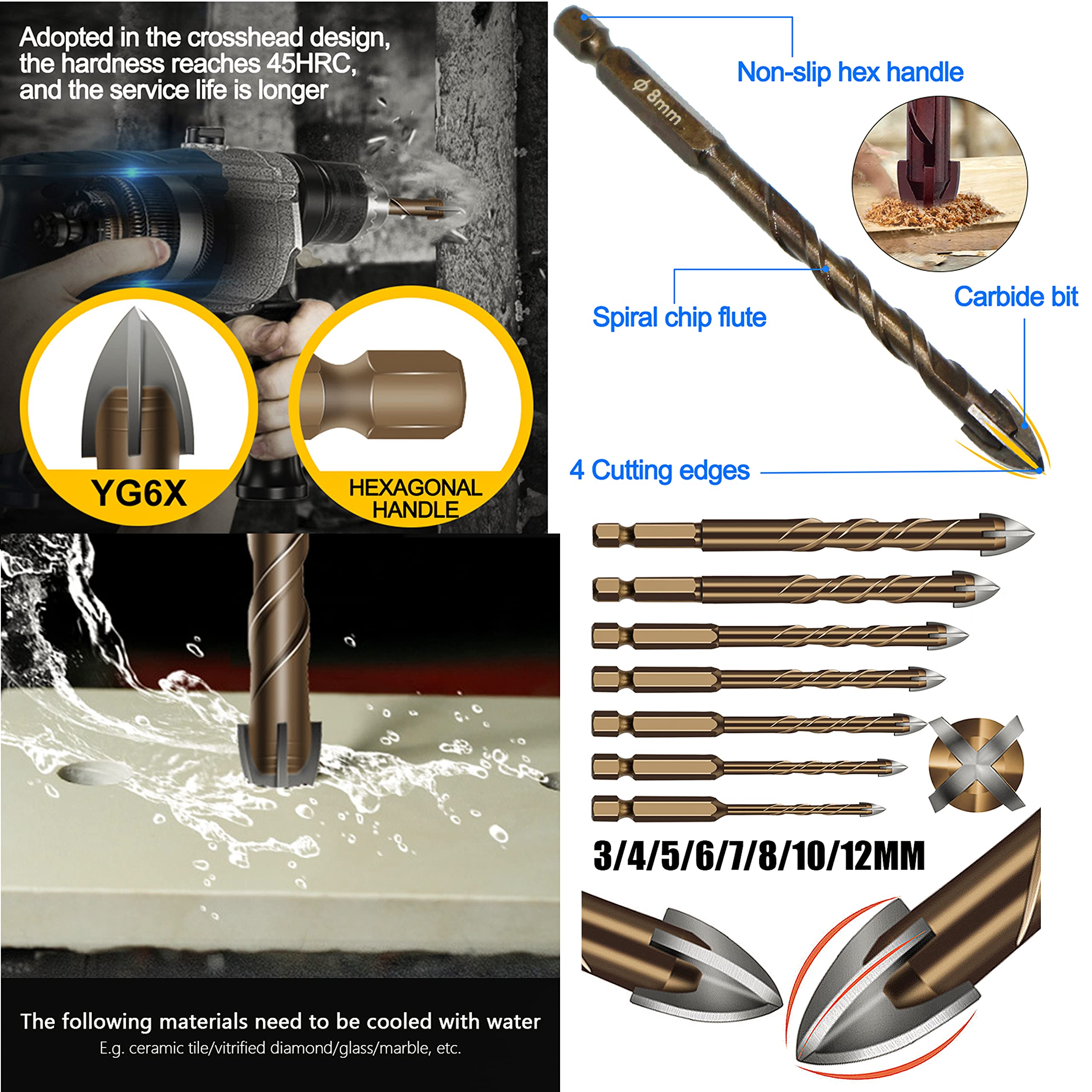 KEWAYO 8-Piece Masonry Drill Bit Set – 3-12mm Cross-Carbide Tipped Bits For Concrete, Tile, Brick, Wood & Plastic (1/4" Hex Shank)