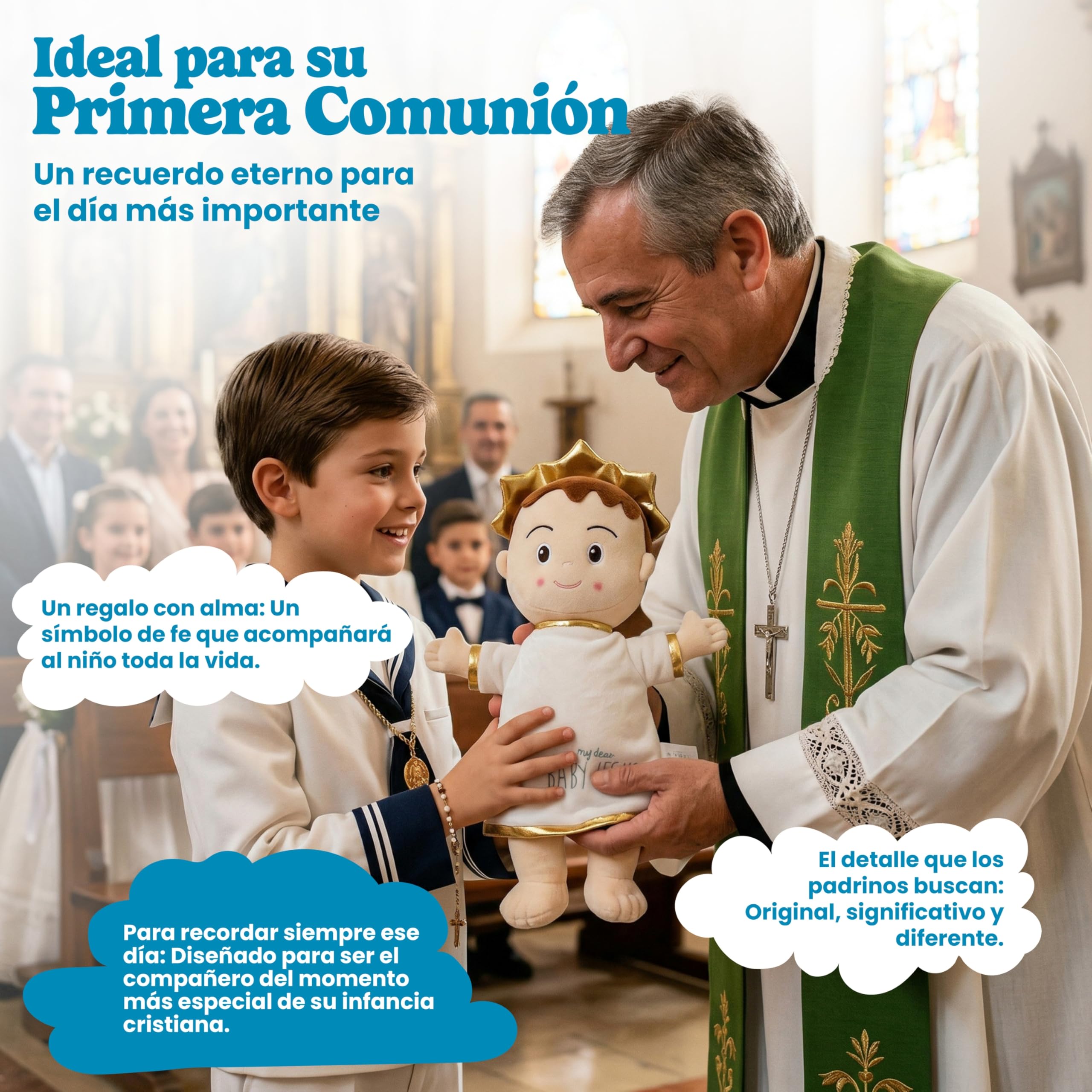 Peluche Niño Jesús 40 cm para Bebé y Niños, Suave y Achuchable para Dormir Rezar y Jugar, Regalo Original Bautizo Nacimiento Navidad, Hipoalergénico Fabricado en España