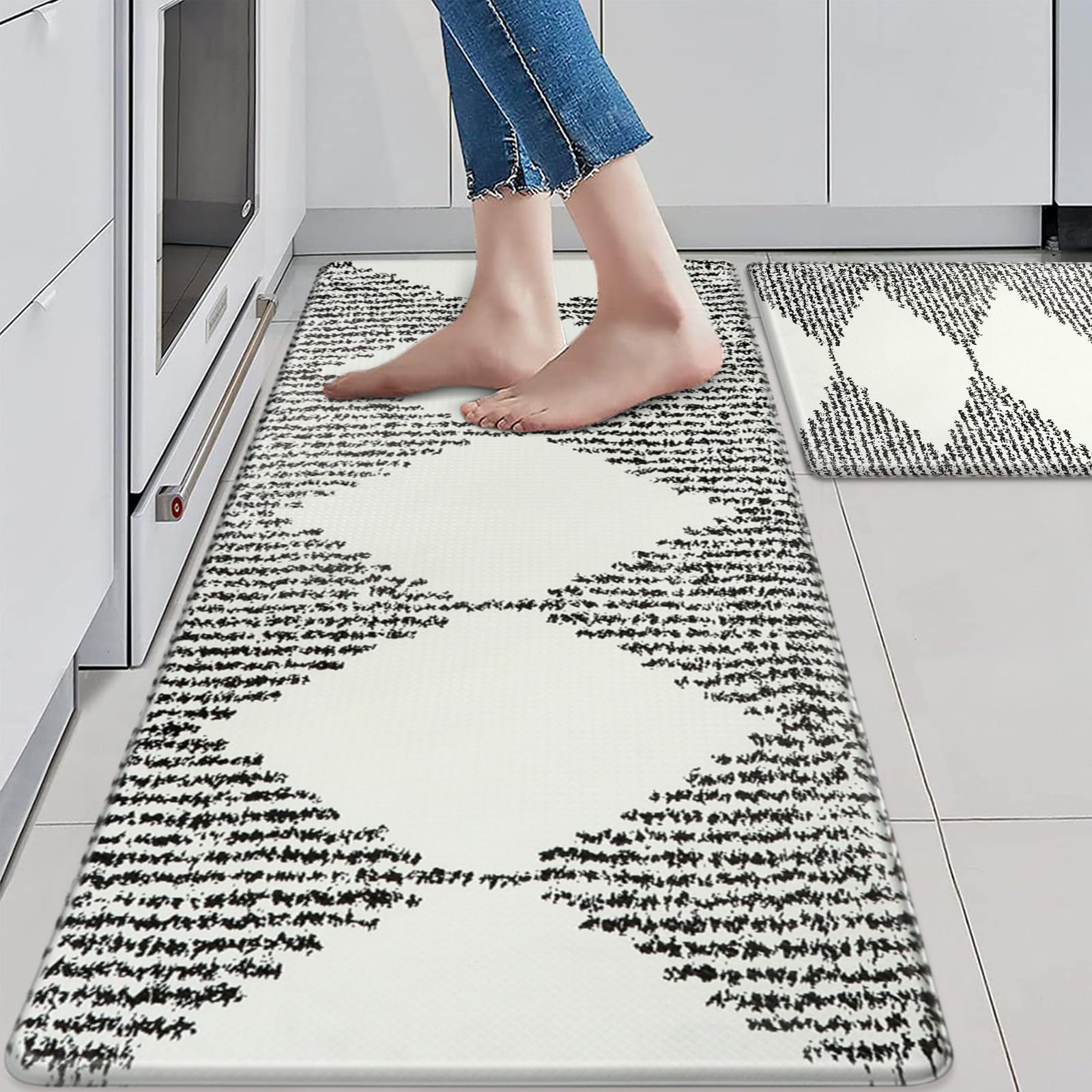 KIMODE Farmhouse Kitchen Mats 2PCS,Geometric Anti Fatigue Kitchen Mats for Floor,Non Slip Waterproof Kitchen Rugs and Mats for Kitchen Floor,Office,Sink,Laundry,Black and Beige