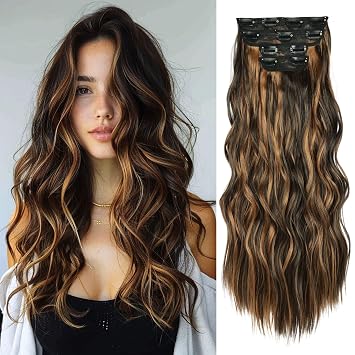 4Pcs clip in hair extensions, Long Wavy Synthetic hair extensions, Clip in Extensions 22 Inch for Women,Dark Brown & Chestnut