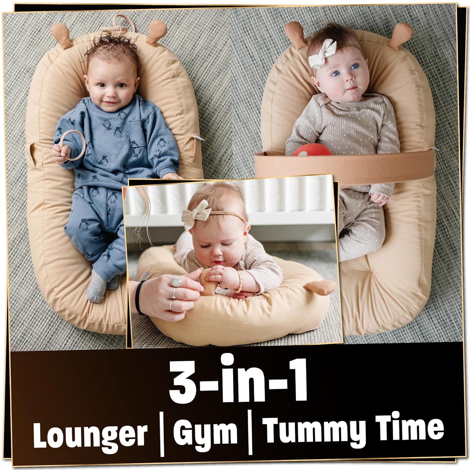 SplashEZ Baby Lounger Pillow for Newborn, Baby Nest & Infant Play Gym, 100% Organic Cotton, Breathable, Lightweight & Portable 3D Mesh Pillow for Awake Time Only (Toys NOT Included), Camel - Image 2