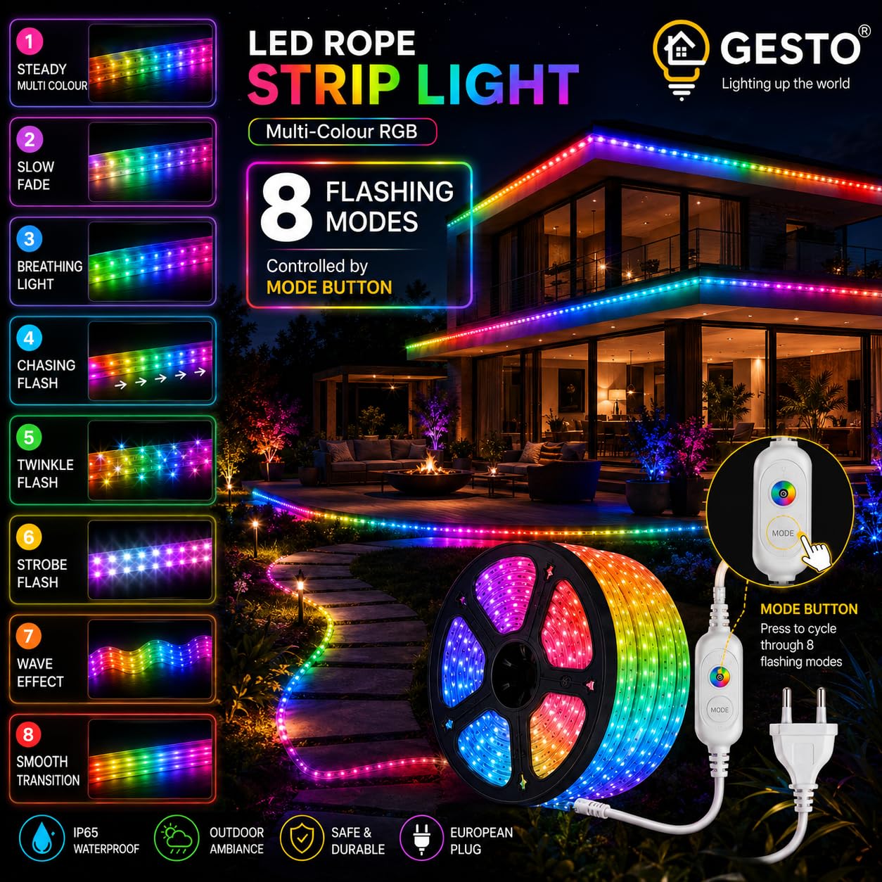 Gesto RGB LED Strip Lights - 15m Multicolor, 8 Modes -3