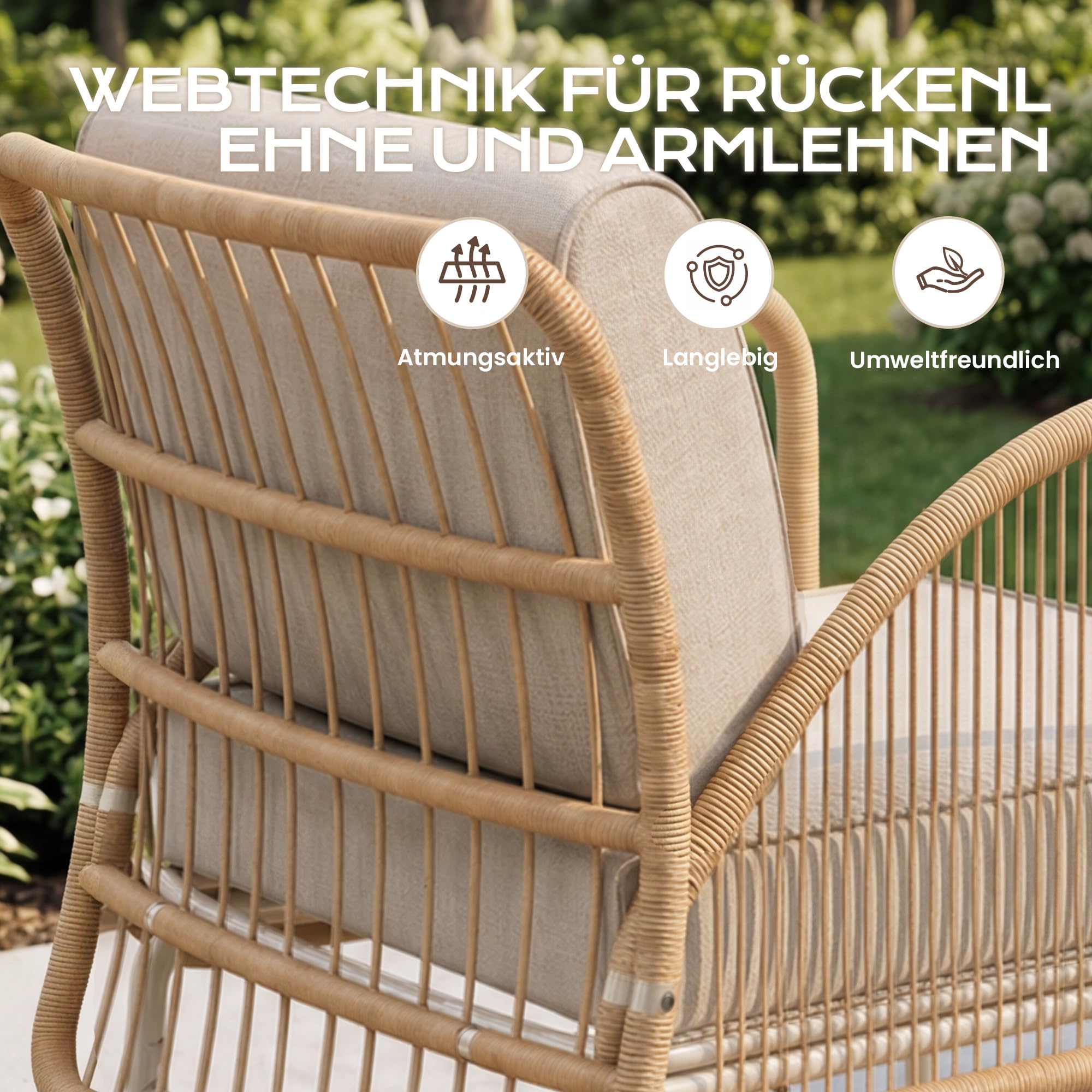 3-teiliges Gartenmöbel-Set, Rattan Outdoor Sitzgruppe mit Sessel, Hocker & Beistelltisch, Wetterfestes Garten-Lounge-Set mit dicken Polstern für Balkon, Hinterhof, Veranda
