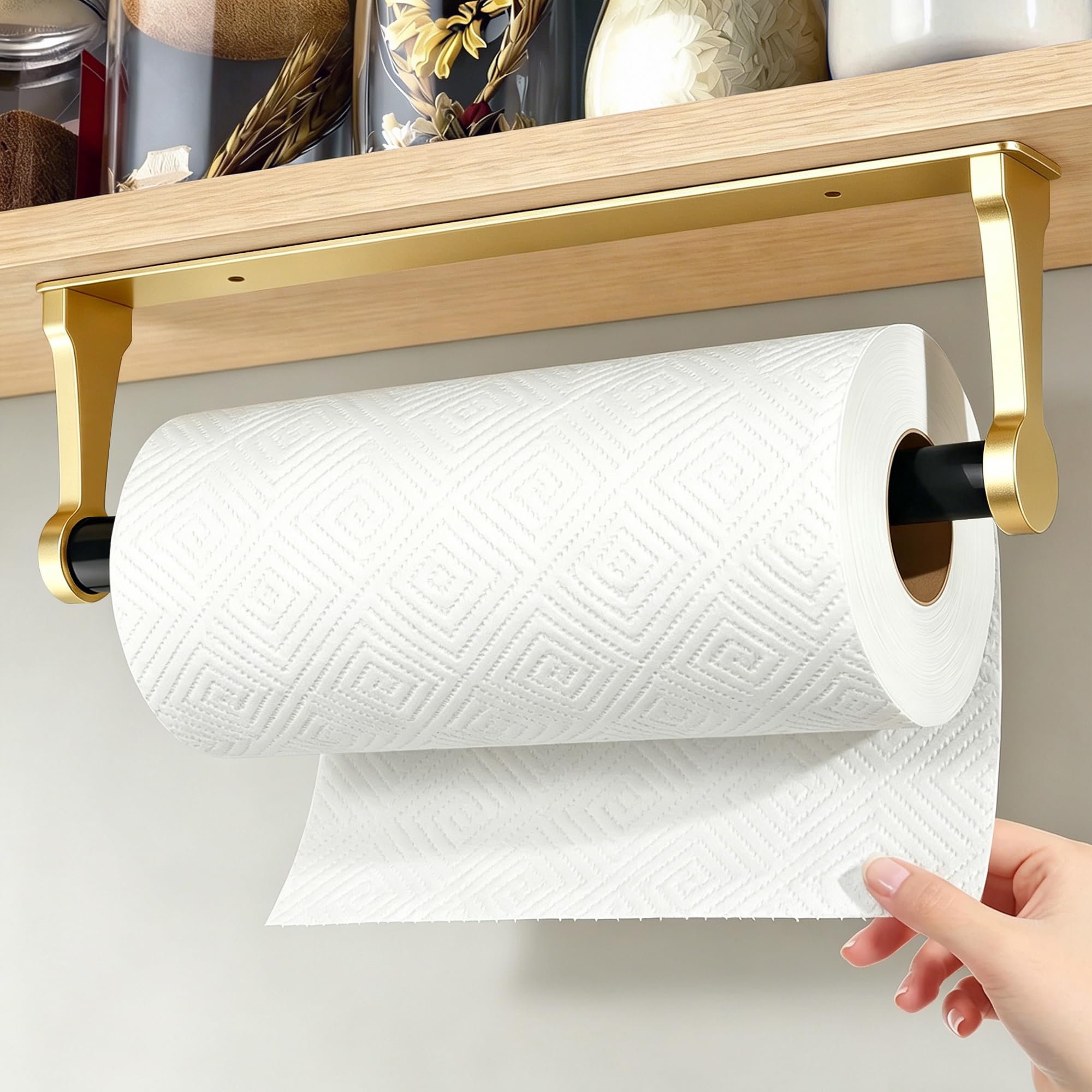 Gewtur Gold Kitchen Roll Holder Under Cabinet, Aluminum Alloy Paper Towel Holder with Self Adhesive or Screw Mount, Wall Mounted Kitchen Roll Paper Holder for Kitchen, Pantry, Bathroom, RV