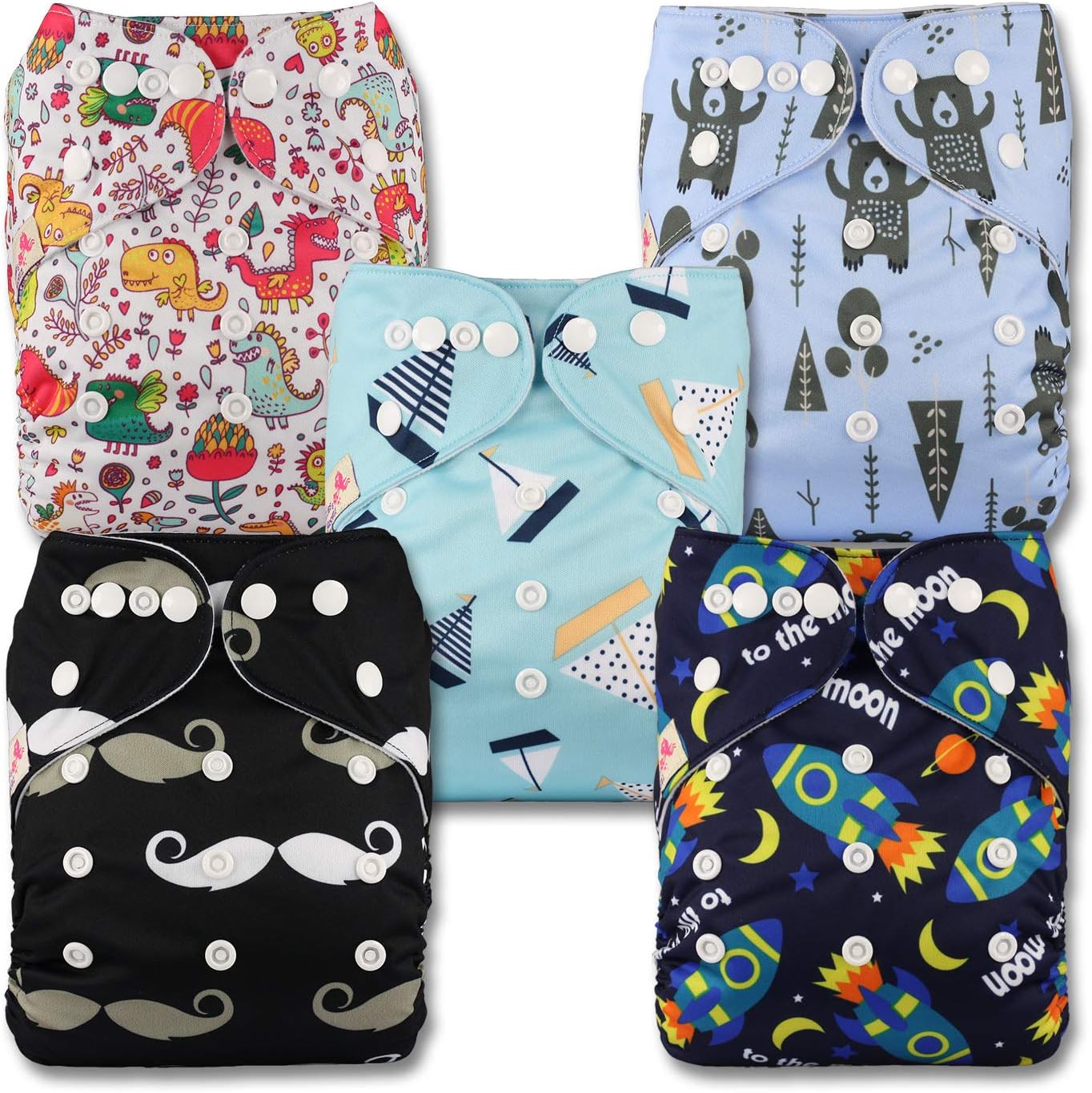Littles & Bloomz, Reusable Pocket Cloth Nappy, Fastener: Popper, Set of 5, Patterns 504, with 5 Bamboo Inserts