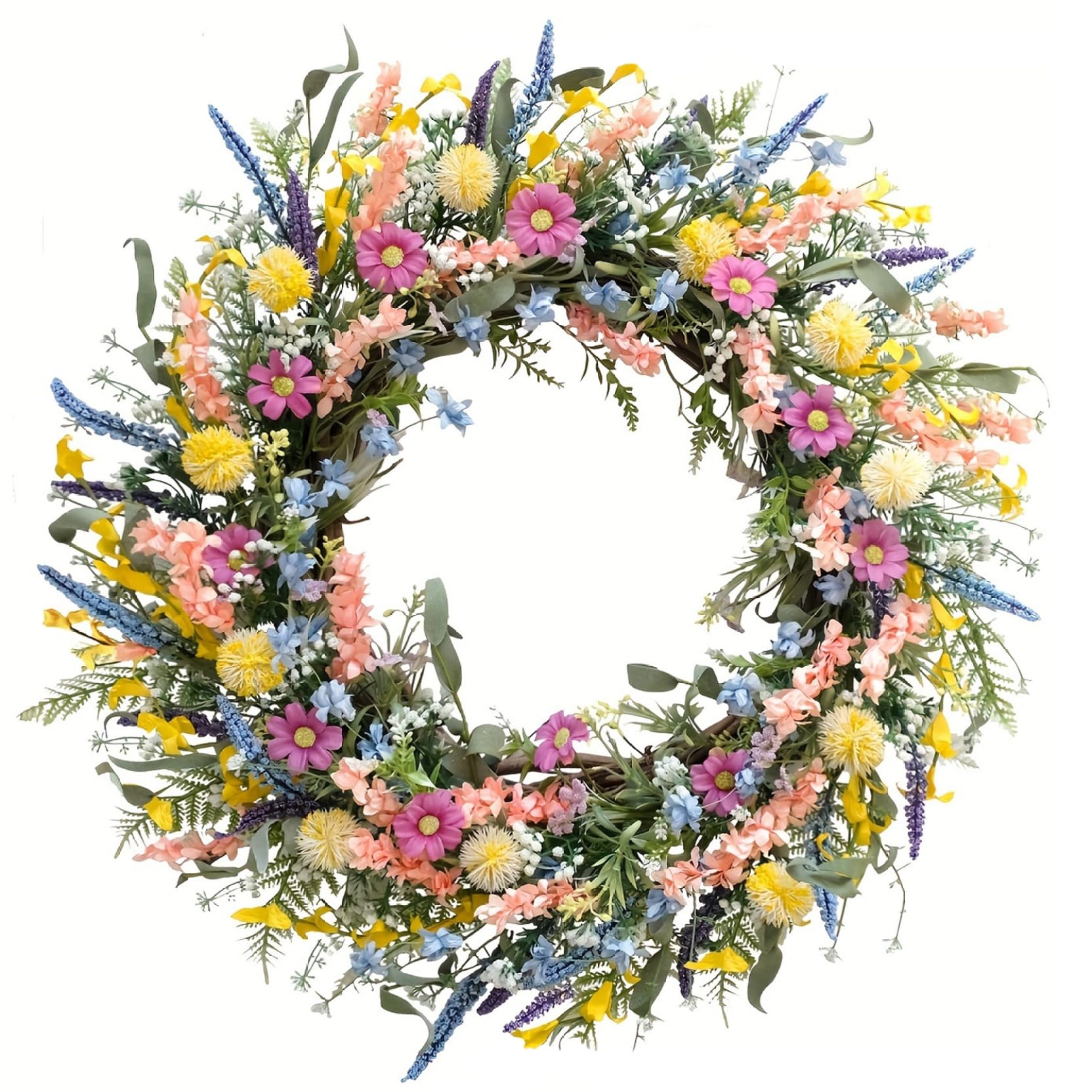 Couronne de printemps pour porte d'entrée fleurie lavande et marguerite contre les façades tristes