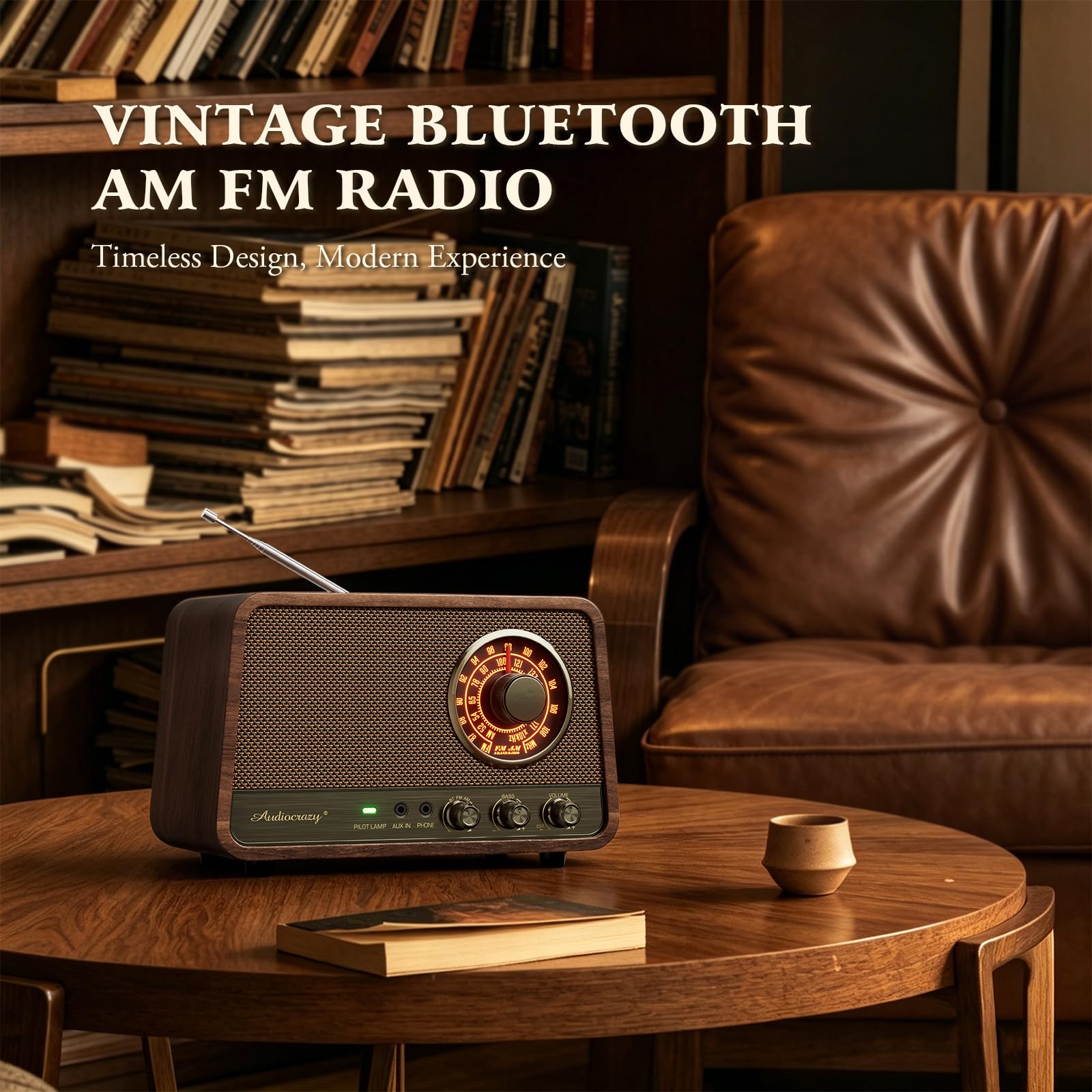 Radio Bluetooth AM FM vintage en bois avec son puissant de 10 W, haut-parleur Bluetooth rétro avec cadran ambré, contrôle des basses, entrée auxiliaire, prise casque, pour