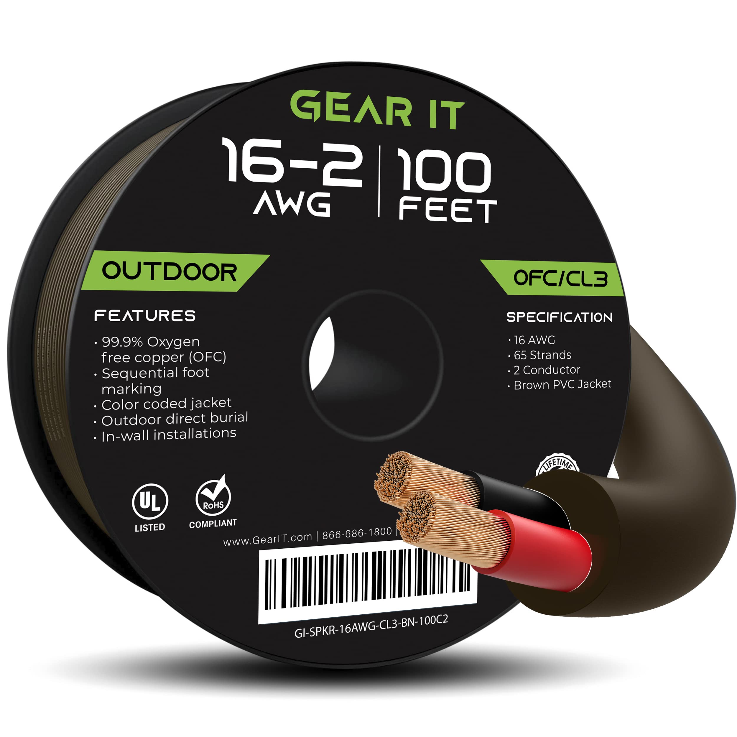 GearIT16/2 Speaker Wire (100 Feet) 16AWG Gauge, Brown 2-Conductors/Outdoor Direct Burial in Ground/in Wall / CL3 CL2 Rated - OFC Oxygen-Free Copper, Brown 100ft