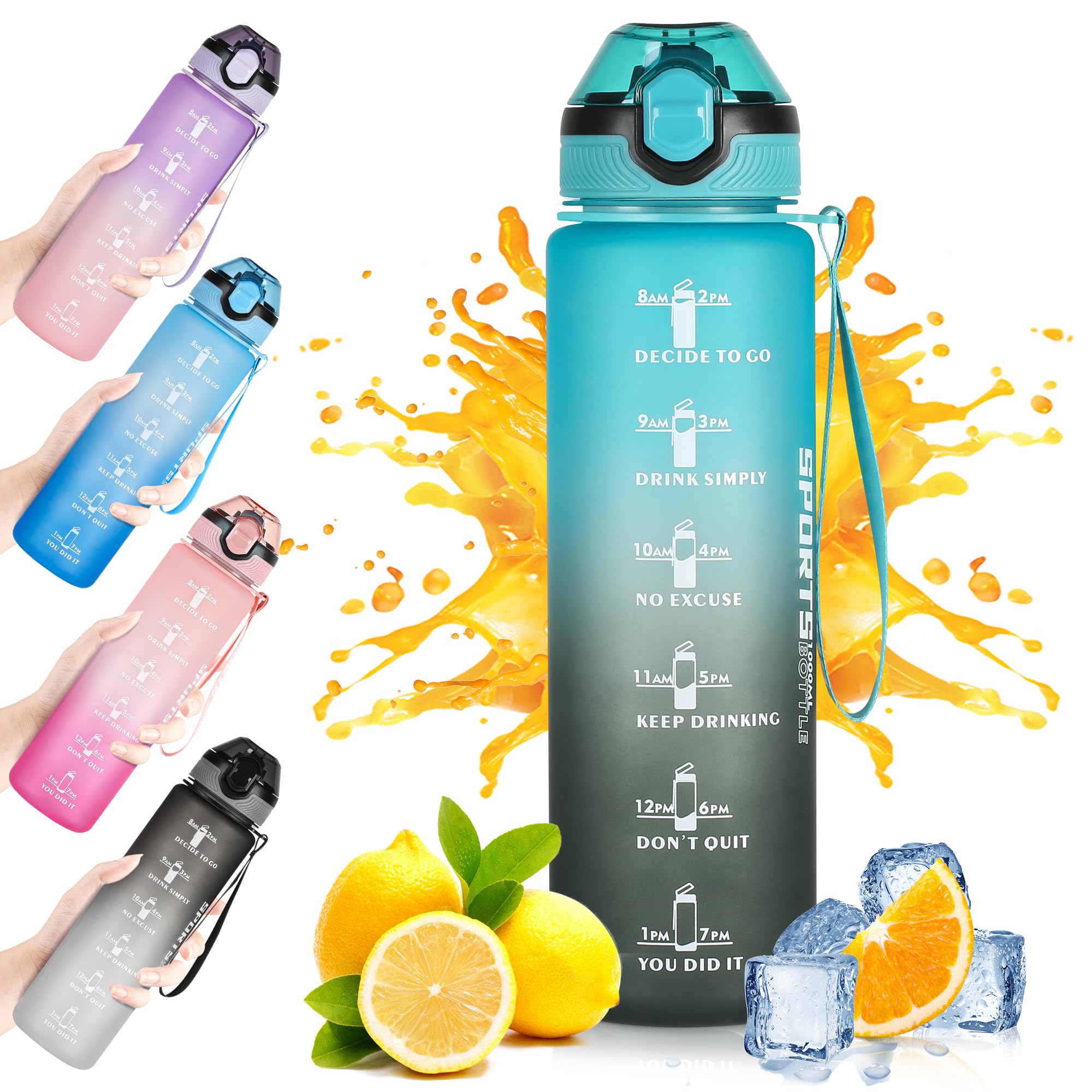 DUNSOO Borraccia 1L, Borraccia con Cannuccia con Del Tempo Motivazionale, Borraccia Sportiva, Tritan Senza BPA Bottiglia Acqua, con Spazzola per la Pulizia per Palestra, Yoga - Verde