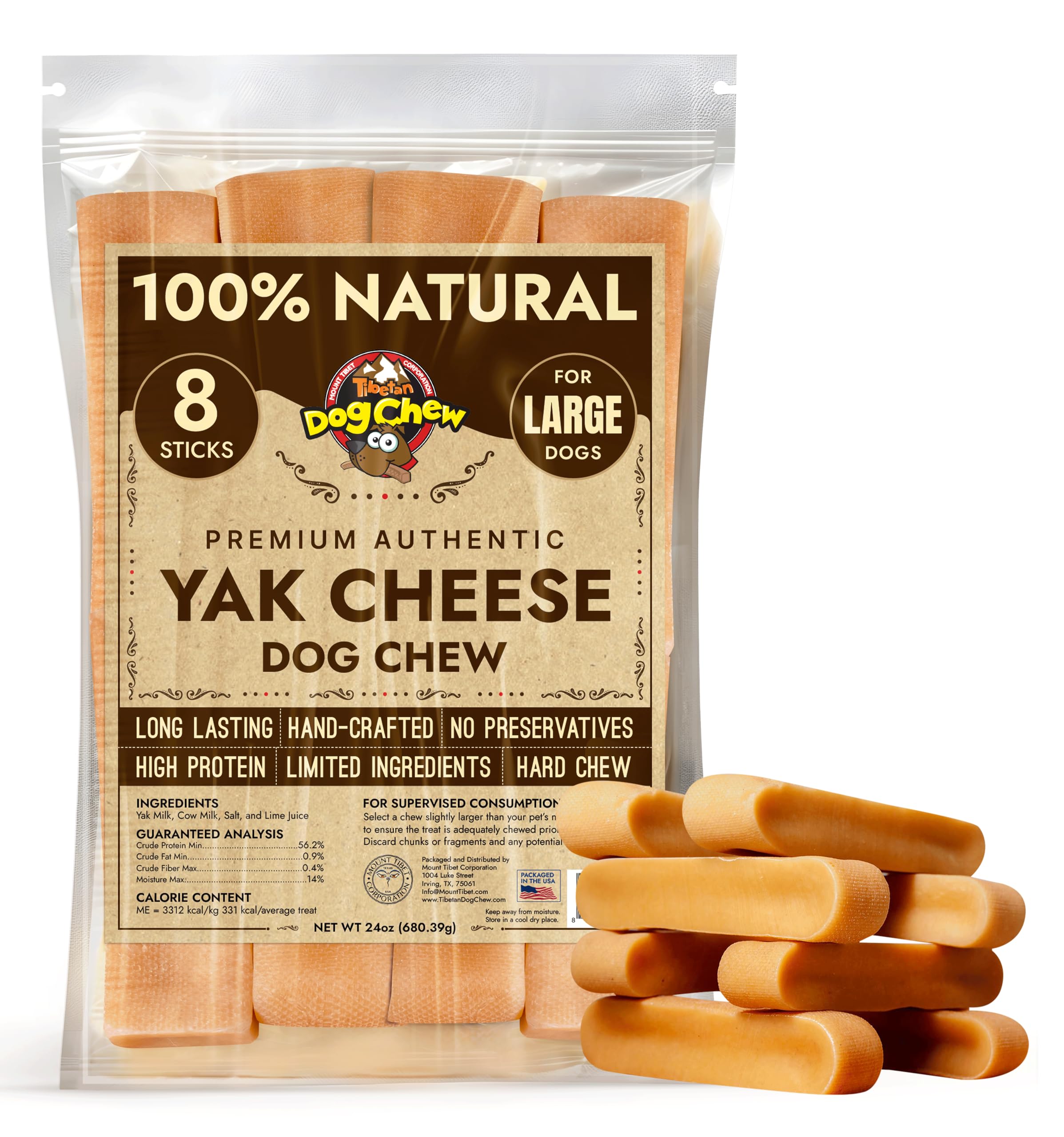 Tibetan Dog Chew Yak Cheese Sticks (8 Large Chews) - Natural Handmade Treats for Large Dogs, Long-Lasting, Easy to Digest with No Additives, Rawhide,