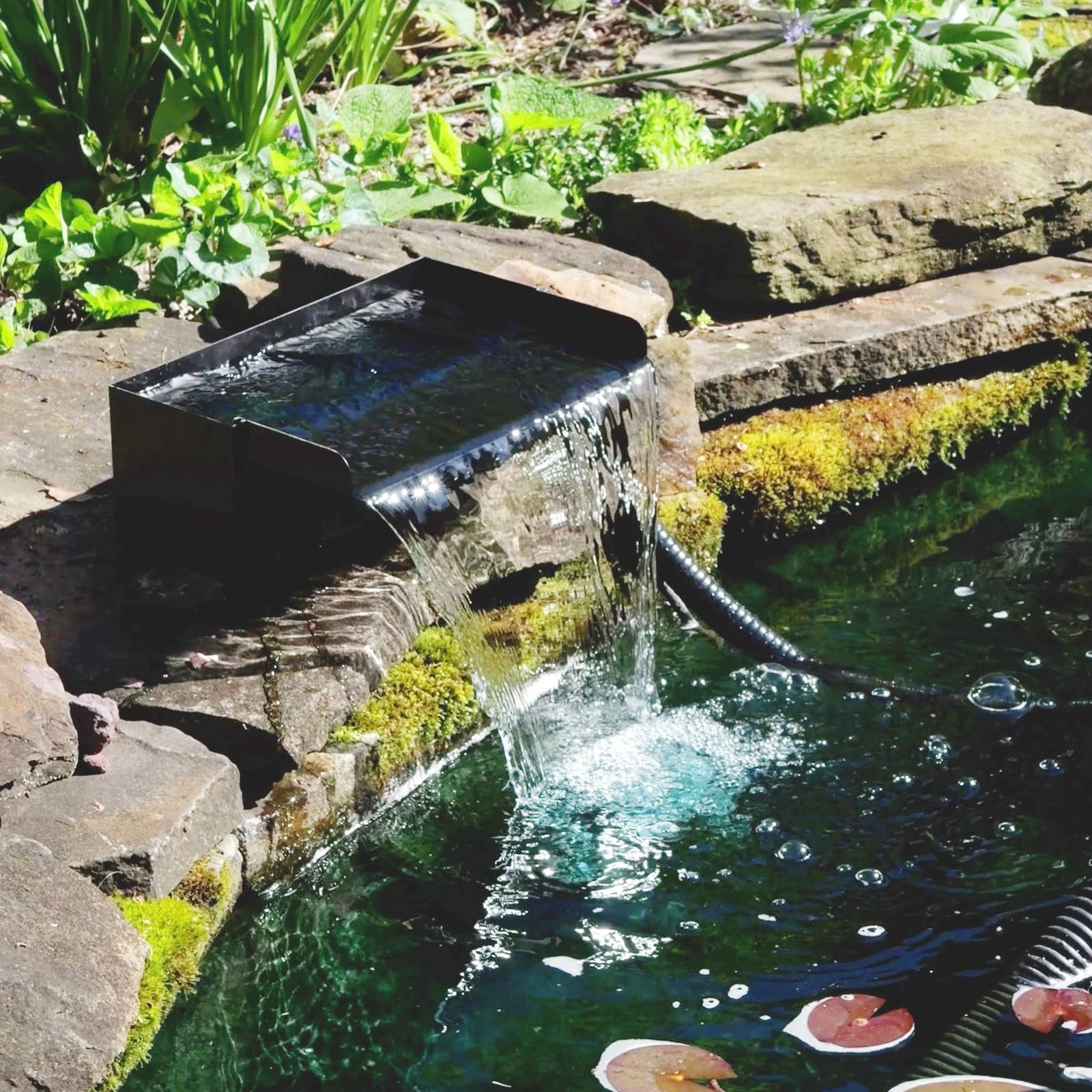 Cascata per laghetto, 20 cm, 2000 l/h, in acciaio inox 304 | Con tubo ondulato 3M e spugna filtrante, cascata per laghetto da giardino, set completo
