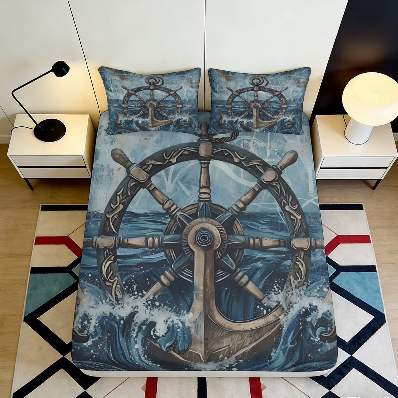 3D Printed Nautical Anchor Fitted Sheet Microfiber Soft Durable Maritime Ship Wheel Bed Cover for Bedroom Dormitory Guest Room Mattress Protection 180x200x25cm