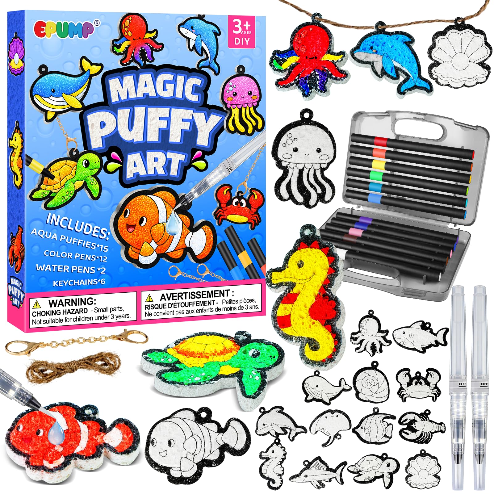 EPUMP 15Pcs Sea Animal Puffy Art - 3D Puffy Art Paint Kit - Magic Puffy Foam Texture Painting Kit, Creative Activity Craft Kits for Kids, Coloring Arts and Crafts for Kids for 3+