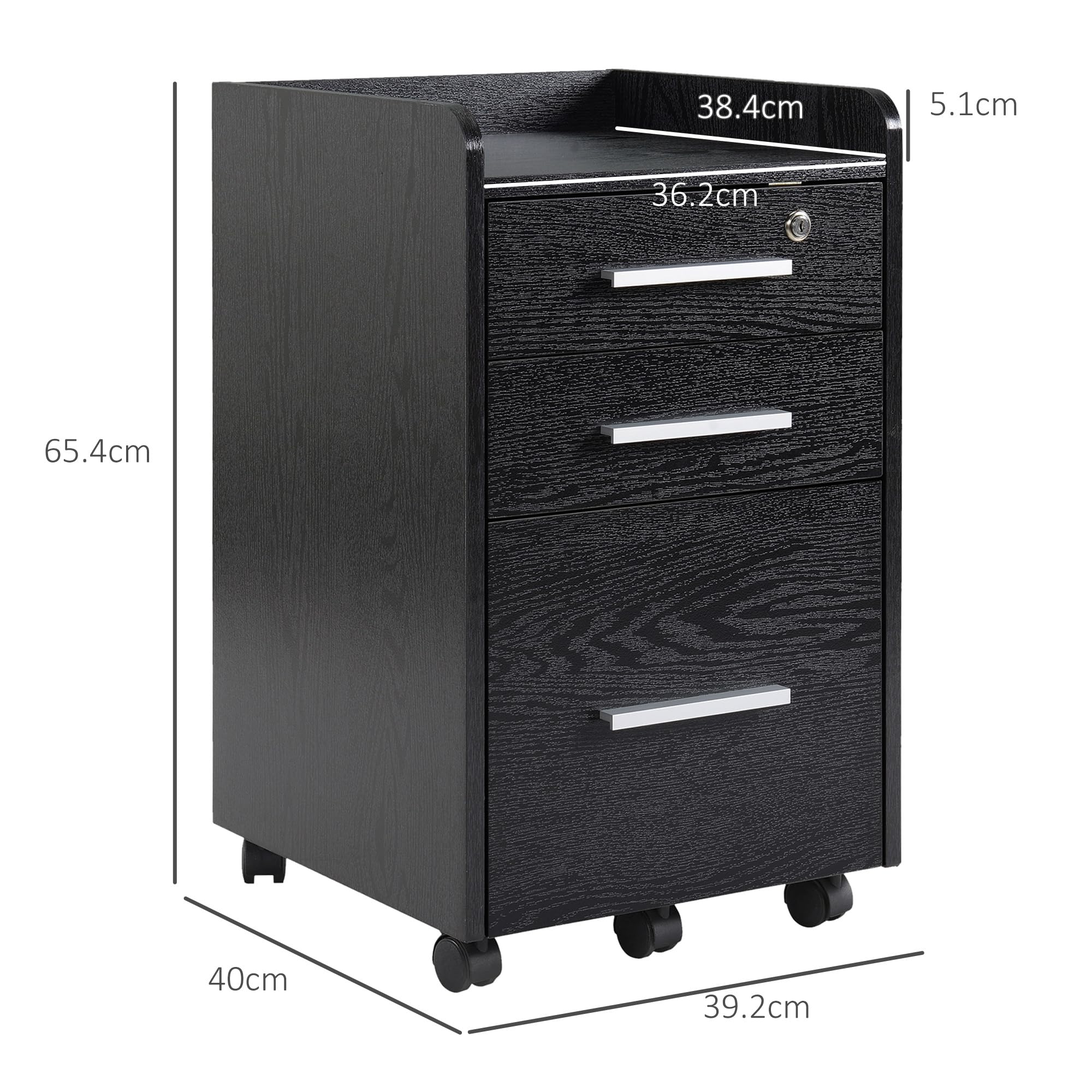 HOMCOM Schedario da Ufficio con 3 Cassetti, 5 Ruote, Cassettiera Ufficio con Serratura e 2 Chiavi per Lettera/Legale/Formato A4, Armadietto Verticale per Studio, 39.2x40x65.4 cm, Nero
