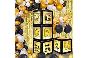 Graduation Decorations Class of 2024: 4 Black Gold Balloon Boxes with Letters